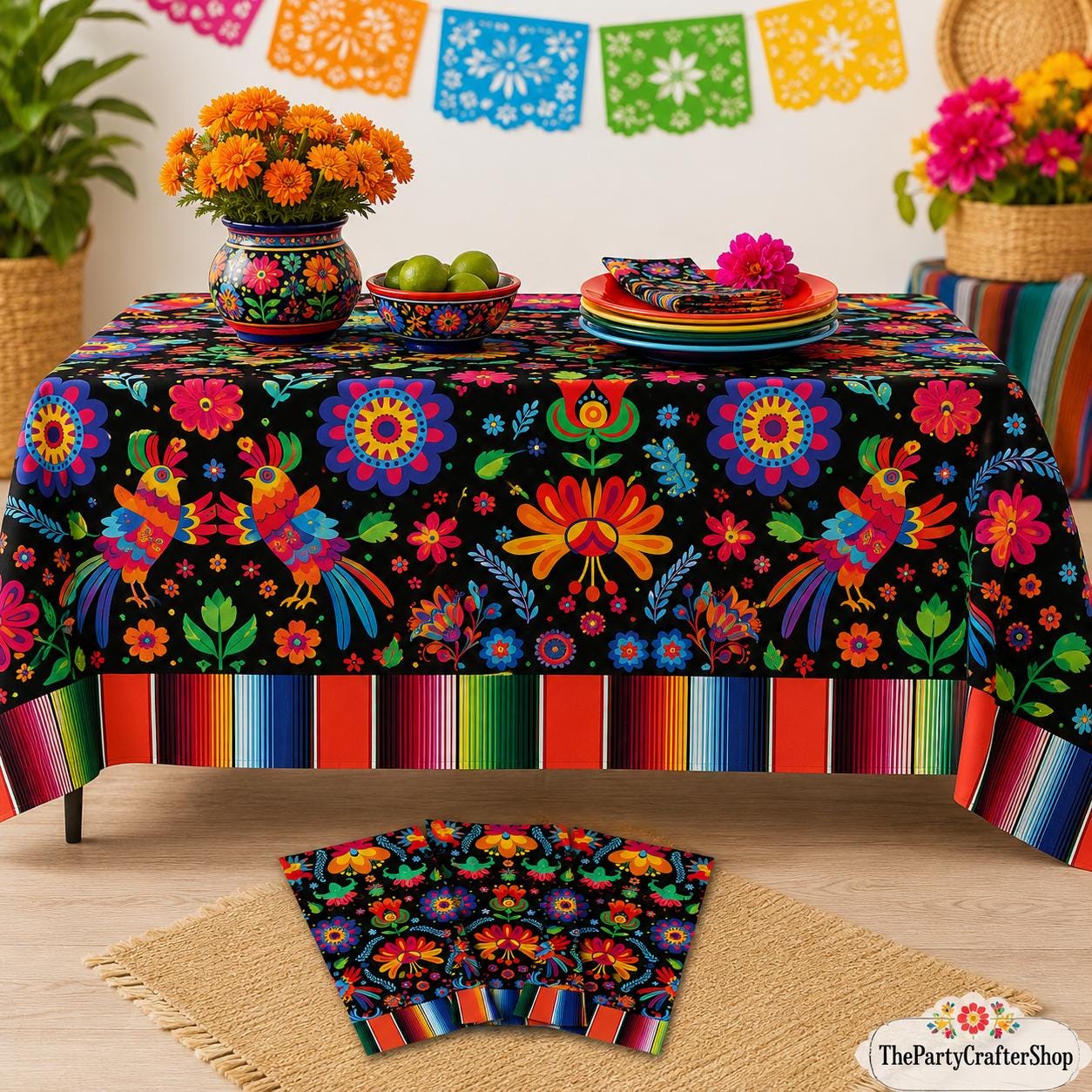 Mexican Fiesta Tablecloth Set, Floral Serape Pattern, 54x108 Inch Plastic Covers (3PCS)