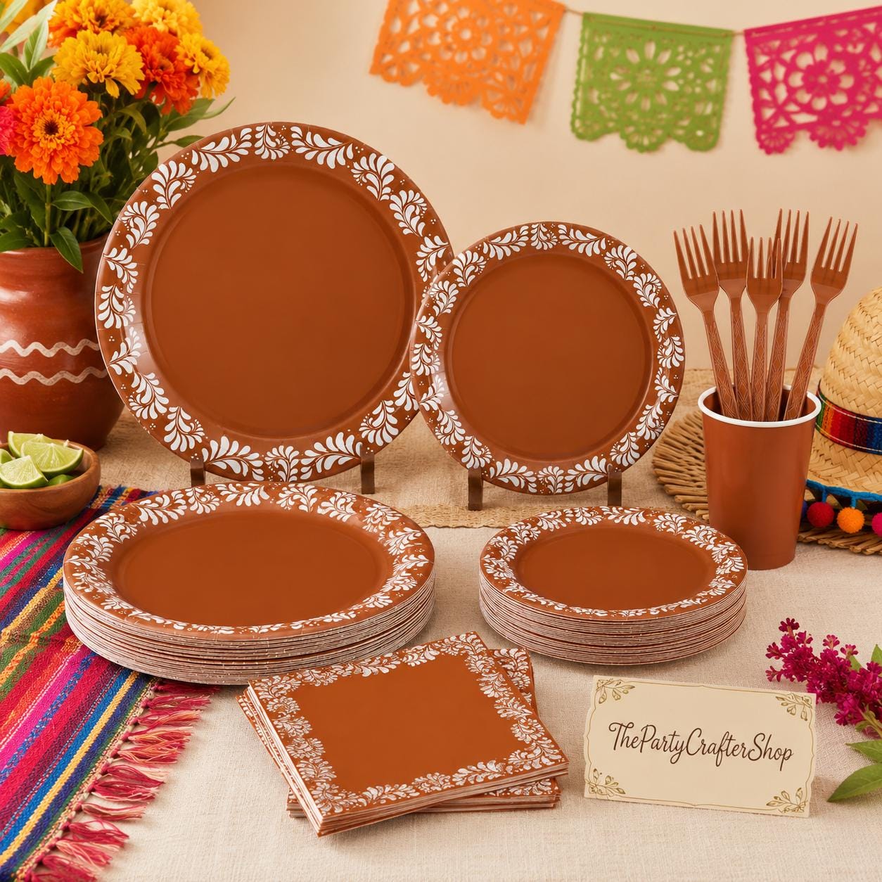 Mexican Fiesta Tableware Set, Floral Pattern Plates, Napkins, Forks (24 Guests)