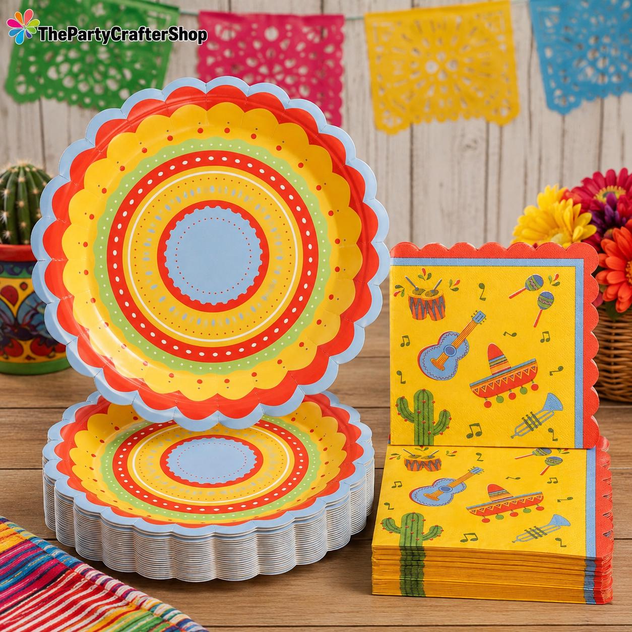 Mexican Fiesta Party Tableware Set, Papel Picado Plates and Napkins (48PCS)