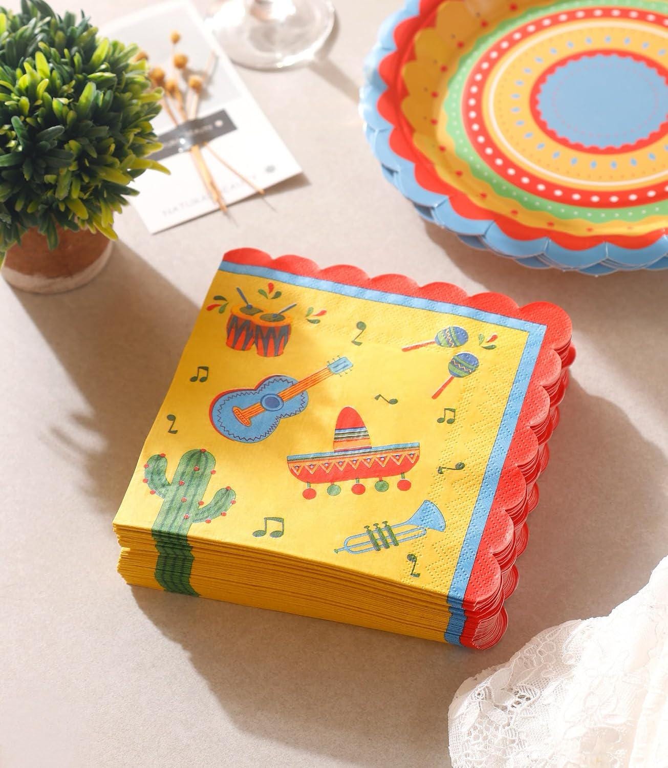 Mexican Fiesta Party Tableware Set, Papel Picado Plates and Napkins (48PCS)
