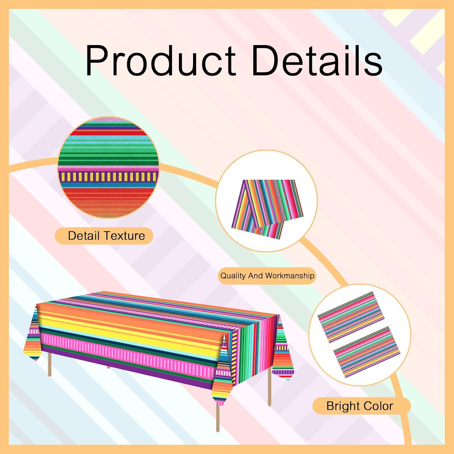 Mexican Serape Tablecloth Set, 3-Pack 54x108 Inch Striped Party Covers (Plastic)