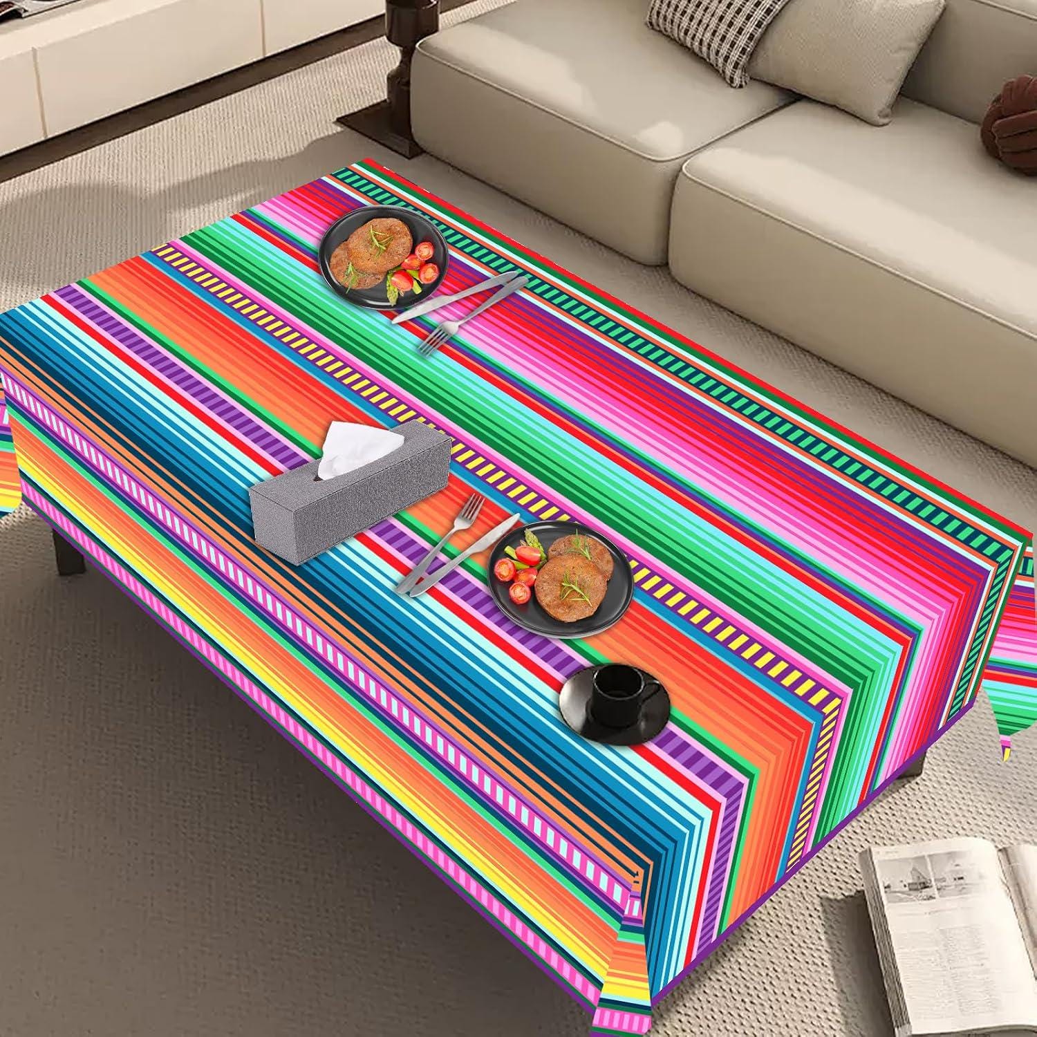 Mexican Serape Tablecloth Set, 3-Pack 54x108 Inch Striped Party Covers (Plastic)