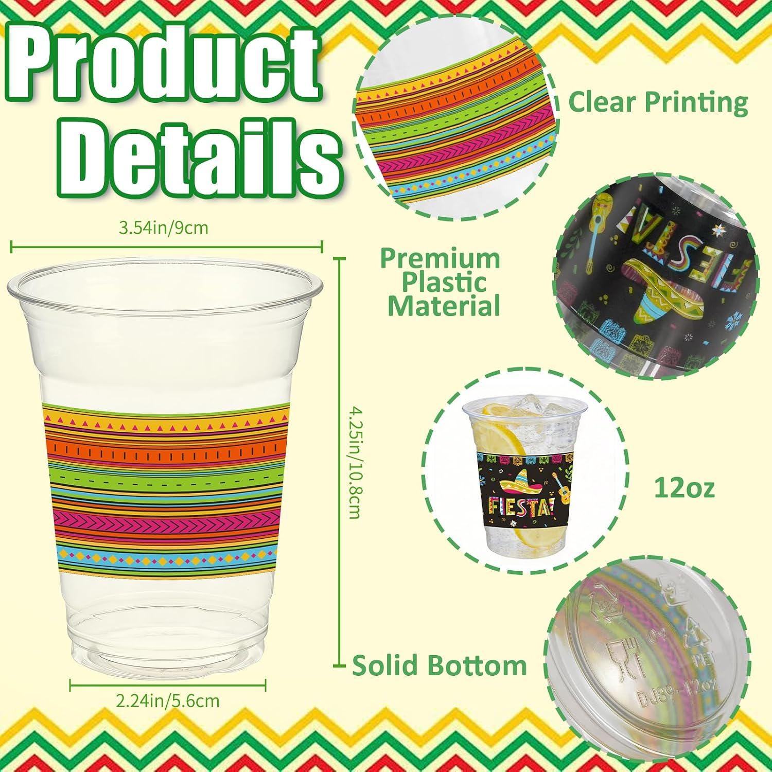 50pc Mexican Fiesta Cups, 12oz Clear Plastic Drinking Cups (Cinco de Mayo Party Supplies)