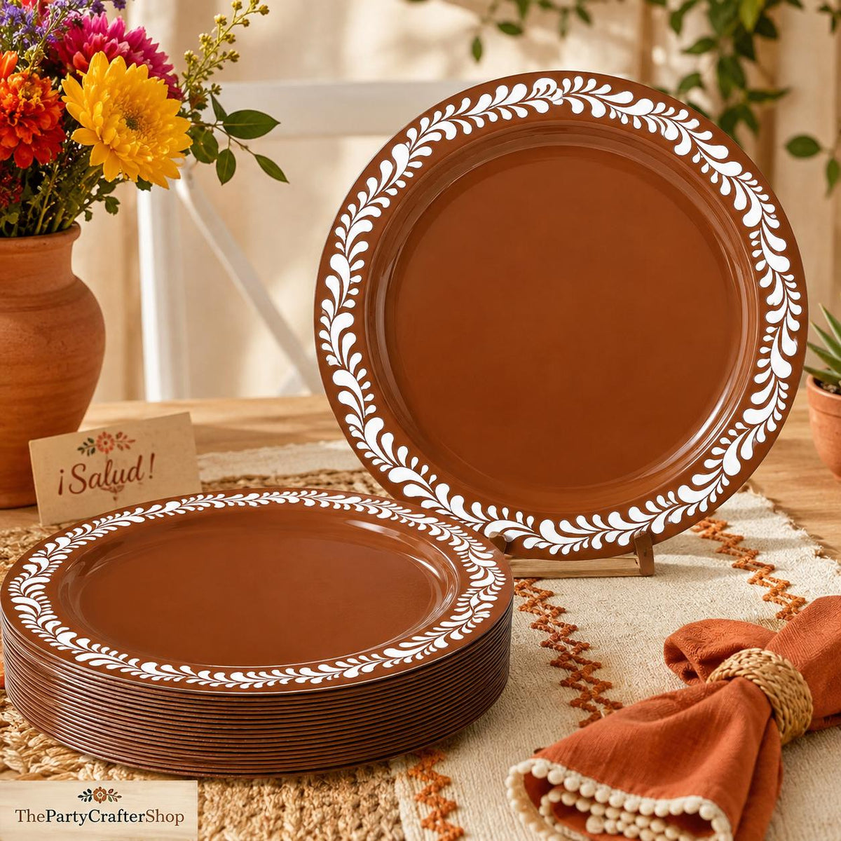 Mexican Talavera Style Plastic Plates, 7 Inch Brown Party Tableware (50 Pack)