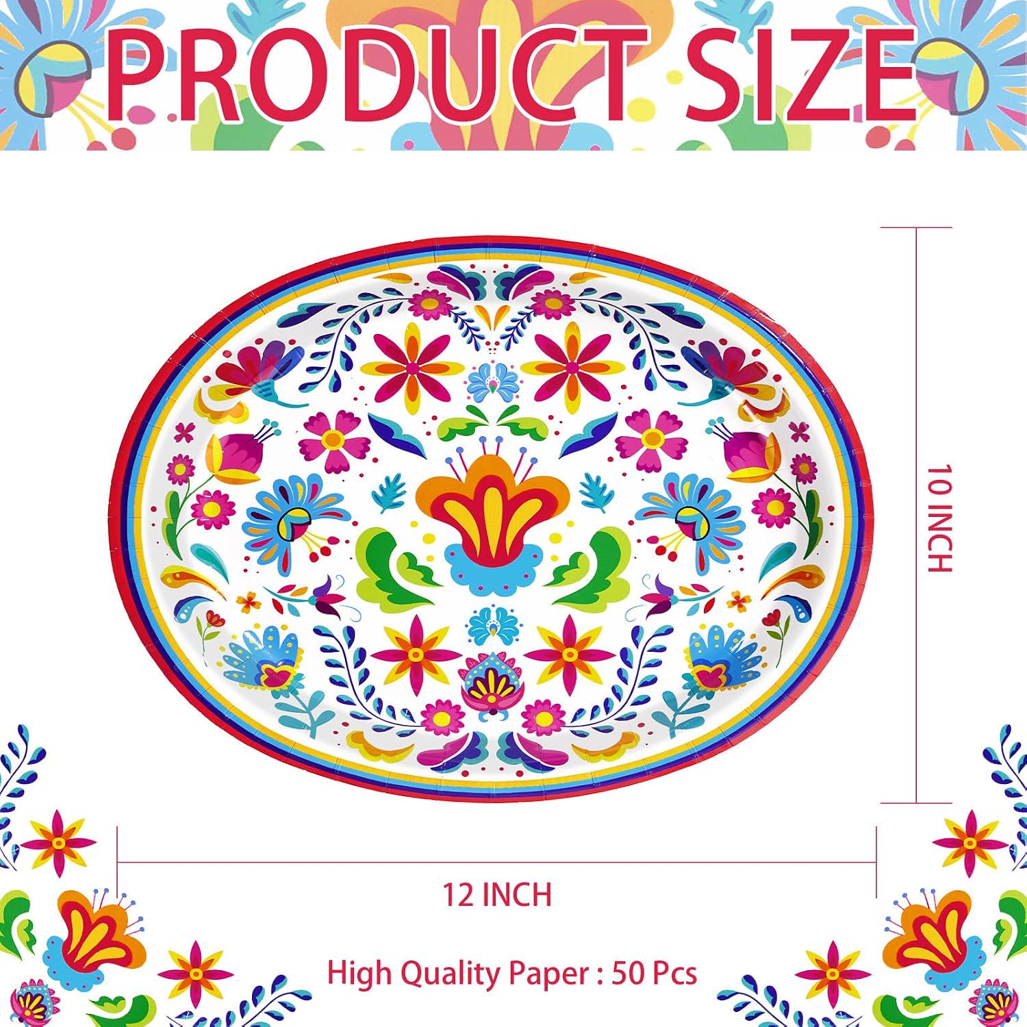 Mexican Fiesta Oval Paper Plates, 12x10 Inch Floral Dessert Platters (50PCS)