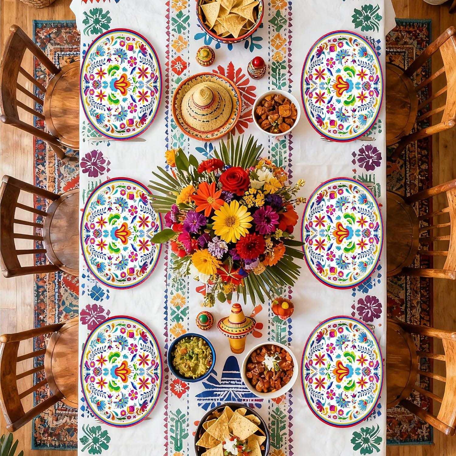 Mexican Fiesta Oval Paper Plates, 12x10 Inch Floral Dessert Platters (50PCS)