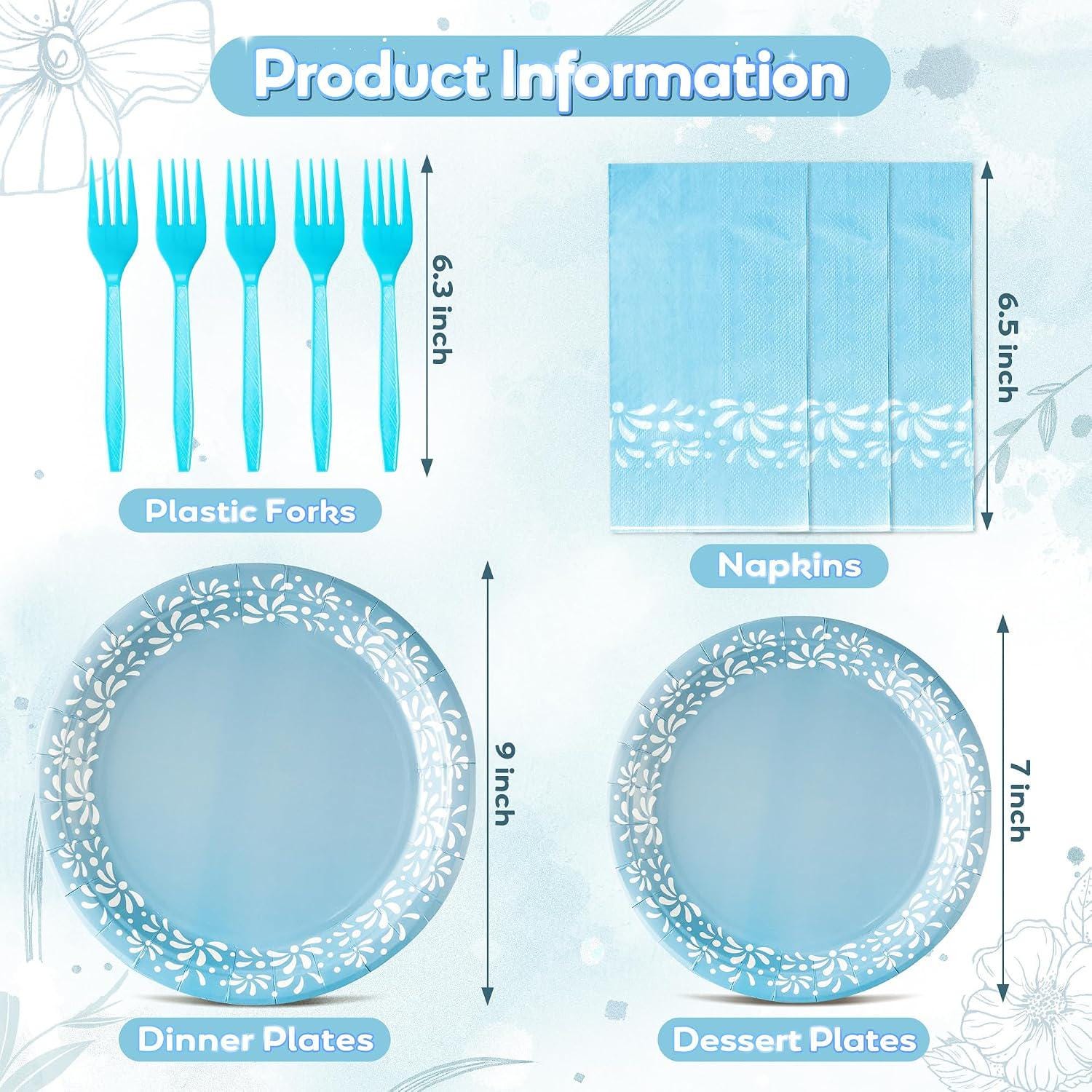 Blue Mexican Fiesta Tableware Set, Floral Pattern Plates, Napkins, Forks (24 Guests)