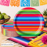 Mexican Fiesta Oval Paper Plates, 10x12 Inch Striped Party Supplies (50 Count)