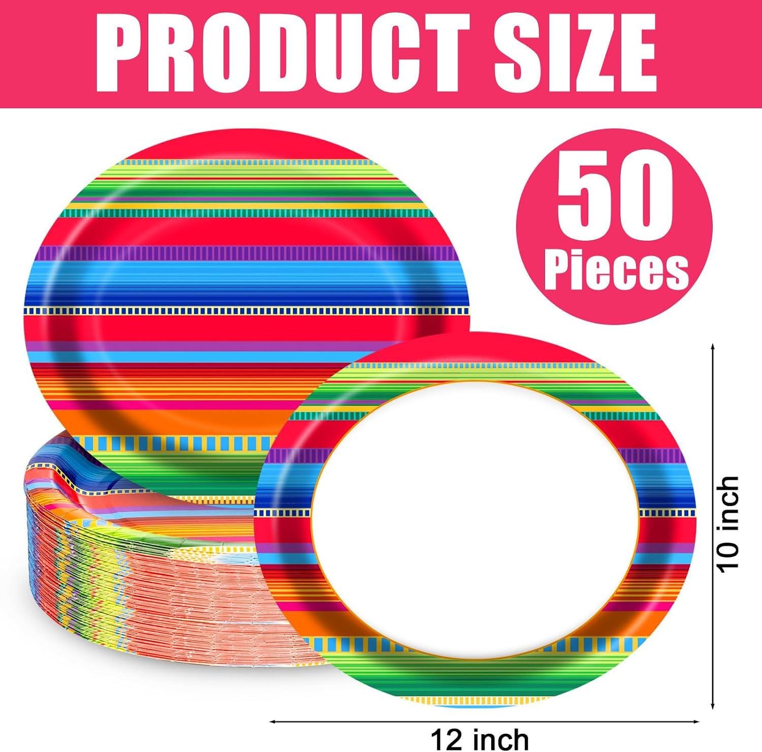 Mexican Fiesta Oval Paper Plates, 10x12 Inch Striped Party Supplies (50 Count)