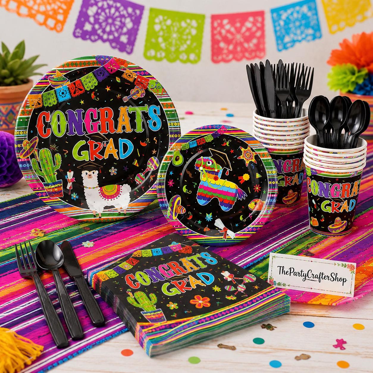 Mexican Graduation Fiesta Tableware Set, 252 Pieces for 36 Guests (Plates, Cups, Napkins, Cutlery)