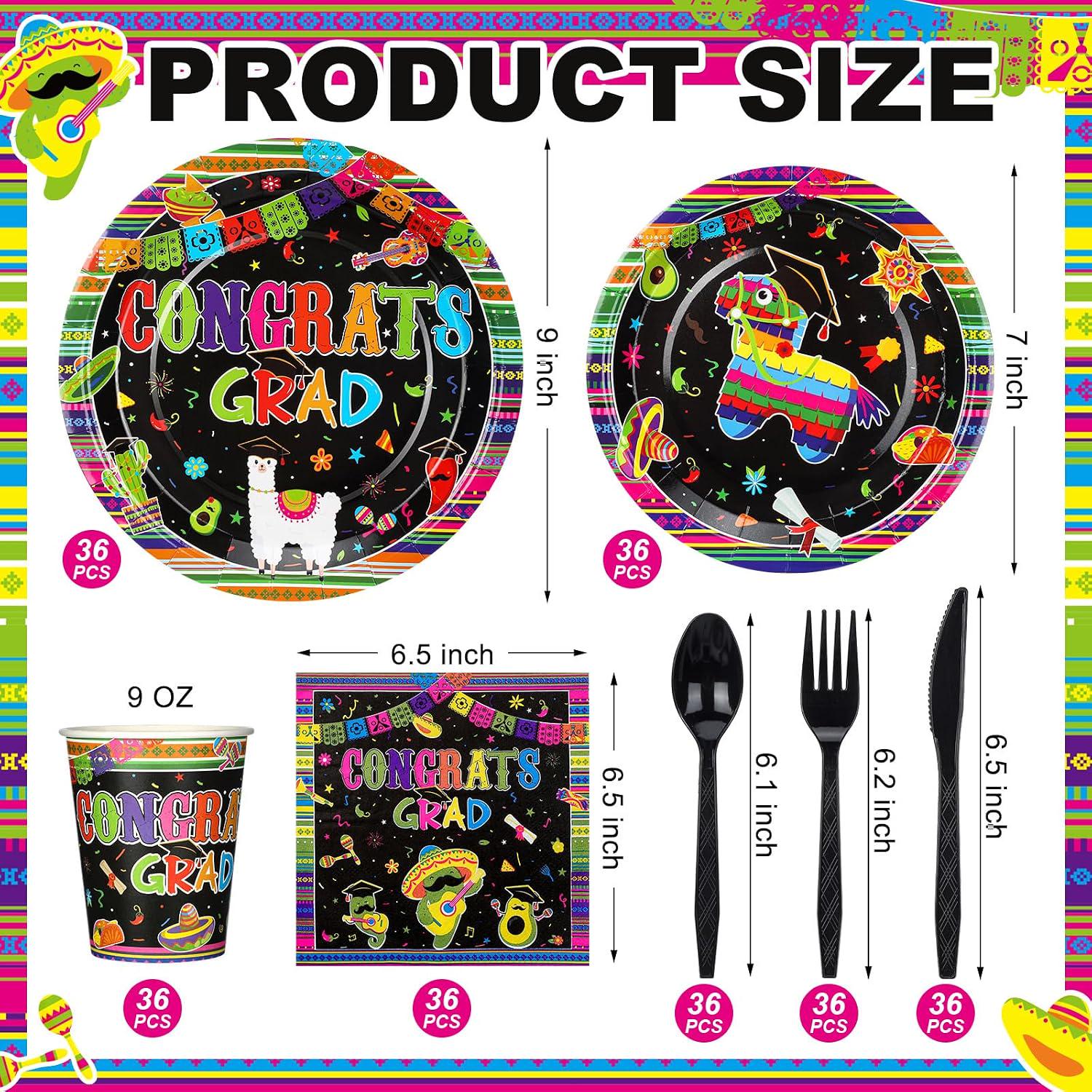 Mexican Graduation Fiesta Tableware Set, 252 Pieces for 36 Guests (Plates, Cups, Napkins, Cutlery)