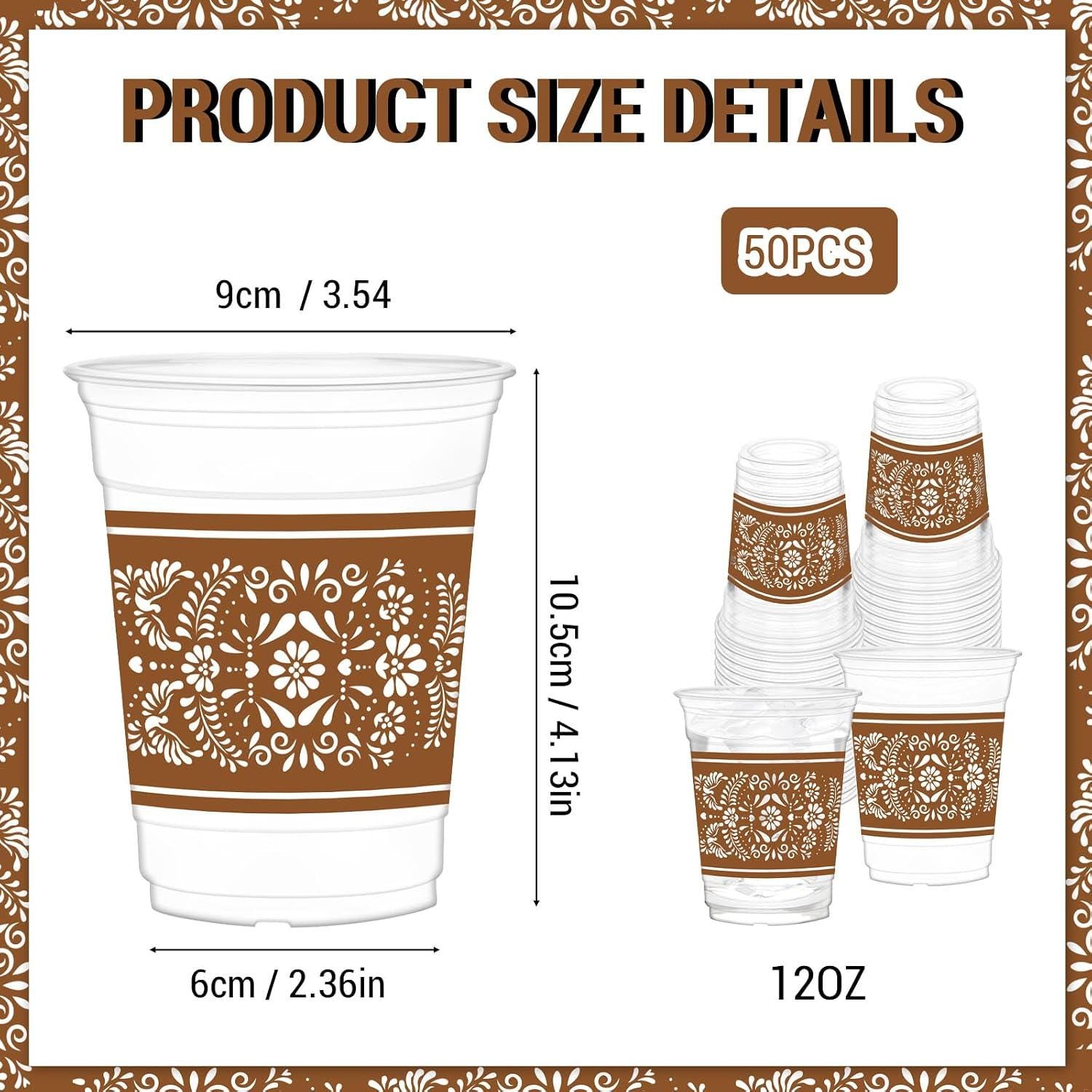 Mexican Fiesta Party Cups, Floral Design, 12oz Clear Plastic (50 Pack)