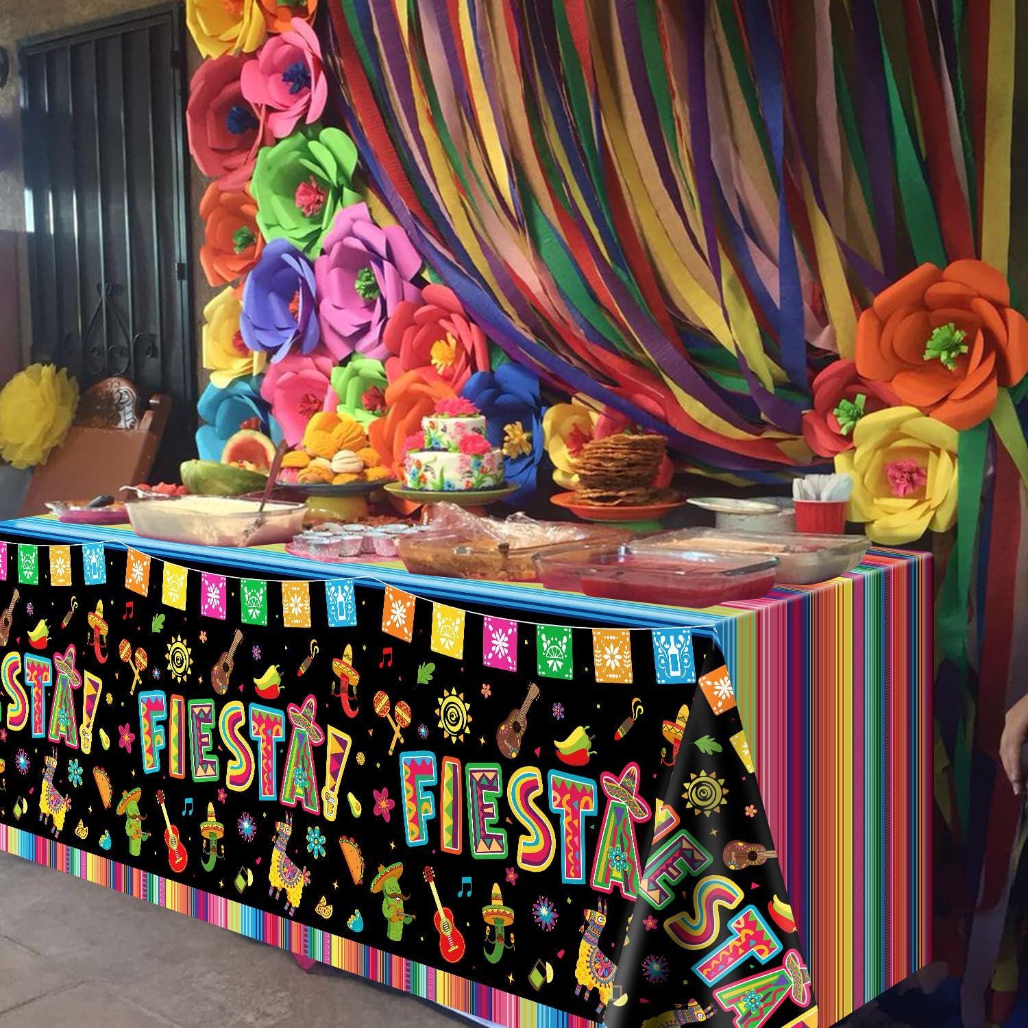 Mexican Fiesta Tablecloth Set, 4-Pack Taco Party Decor (86x51 Inch)