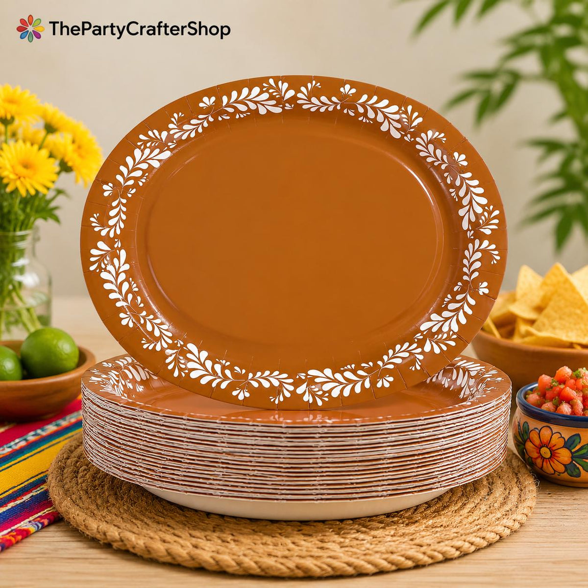 Mexican Independence Day Oval Paper Plates, Talavera Floral Design (100PCS)