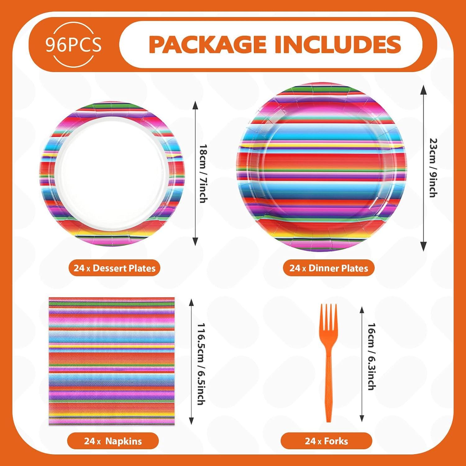 Mexican Fiesta Tableware Set, Serape Stripe Plates, Napkins, Forks (96 Pieces)
