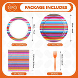 Mexican Fiesta Tableware Set, Serape Stripe Plates, Napkins, Forks (96 Pieces)
