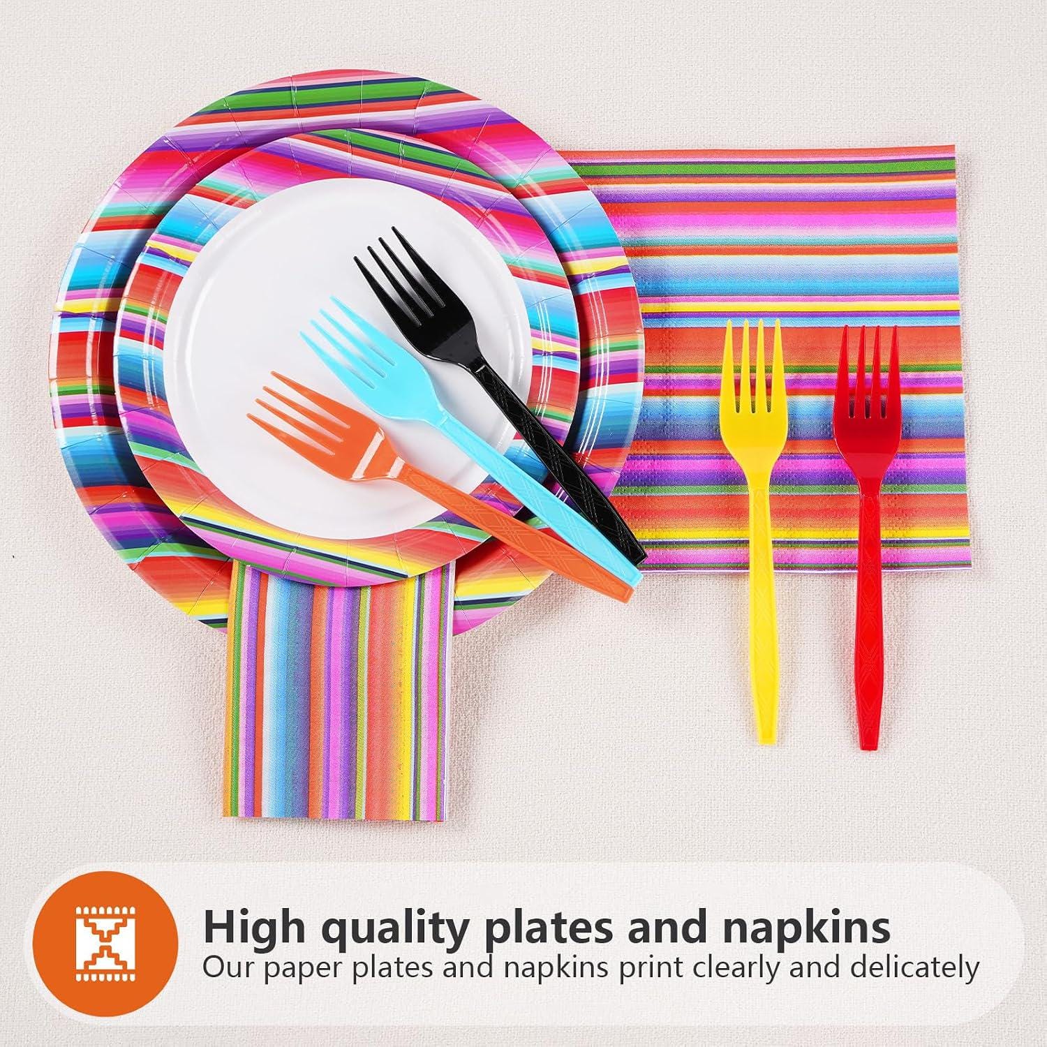 Mexican Fiesta Tableware Set, Serape Stripe Plates, Napkins, Forks (96 Pieces)