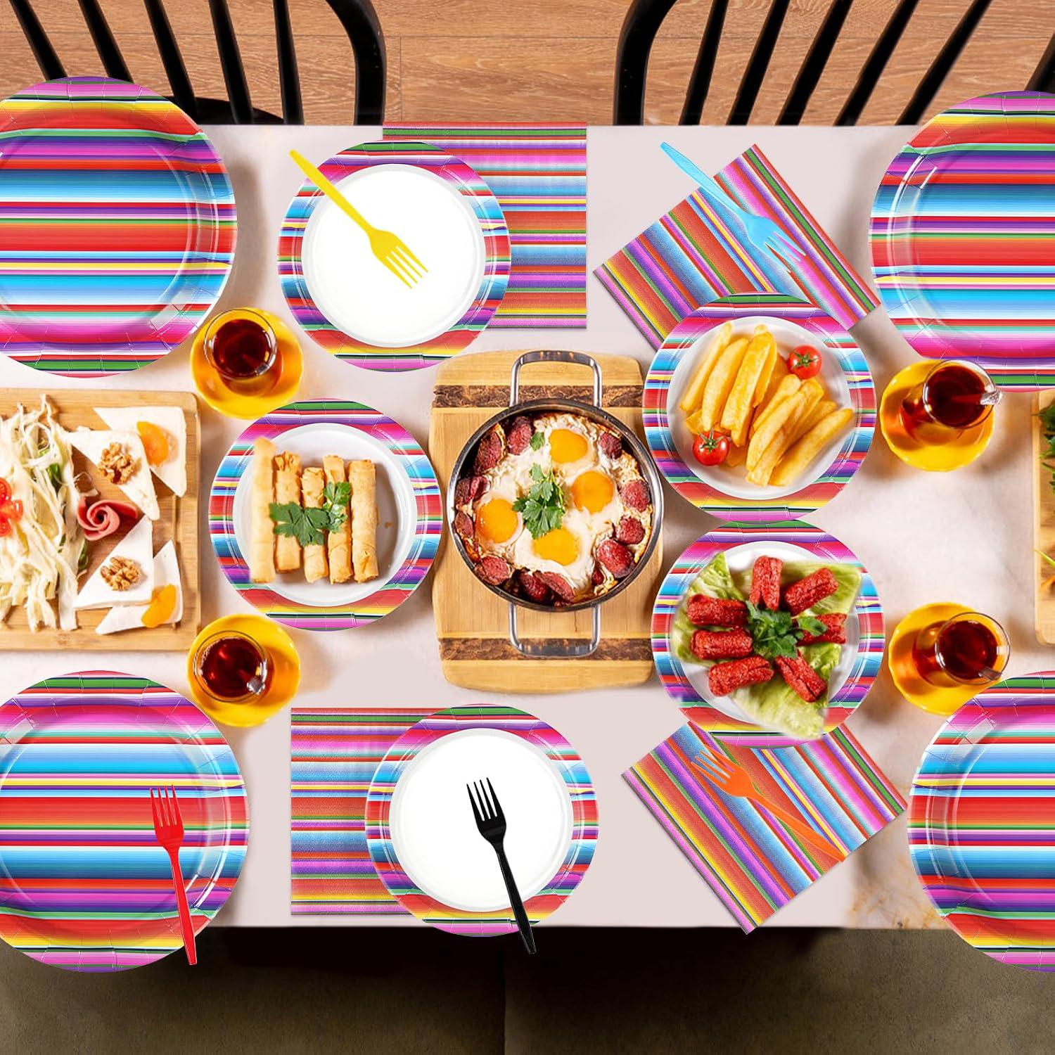 Mexican Fiesta Tableware Set, Serape Stripe Plates, Napkins, Forks (96 Pieces)