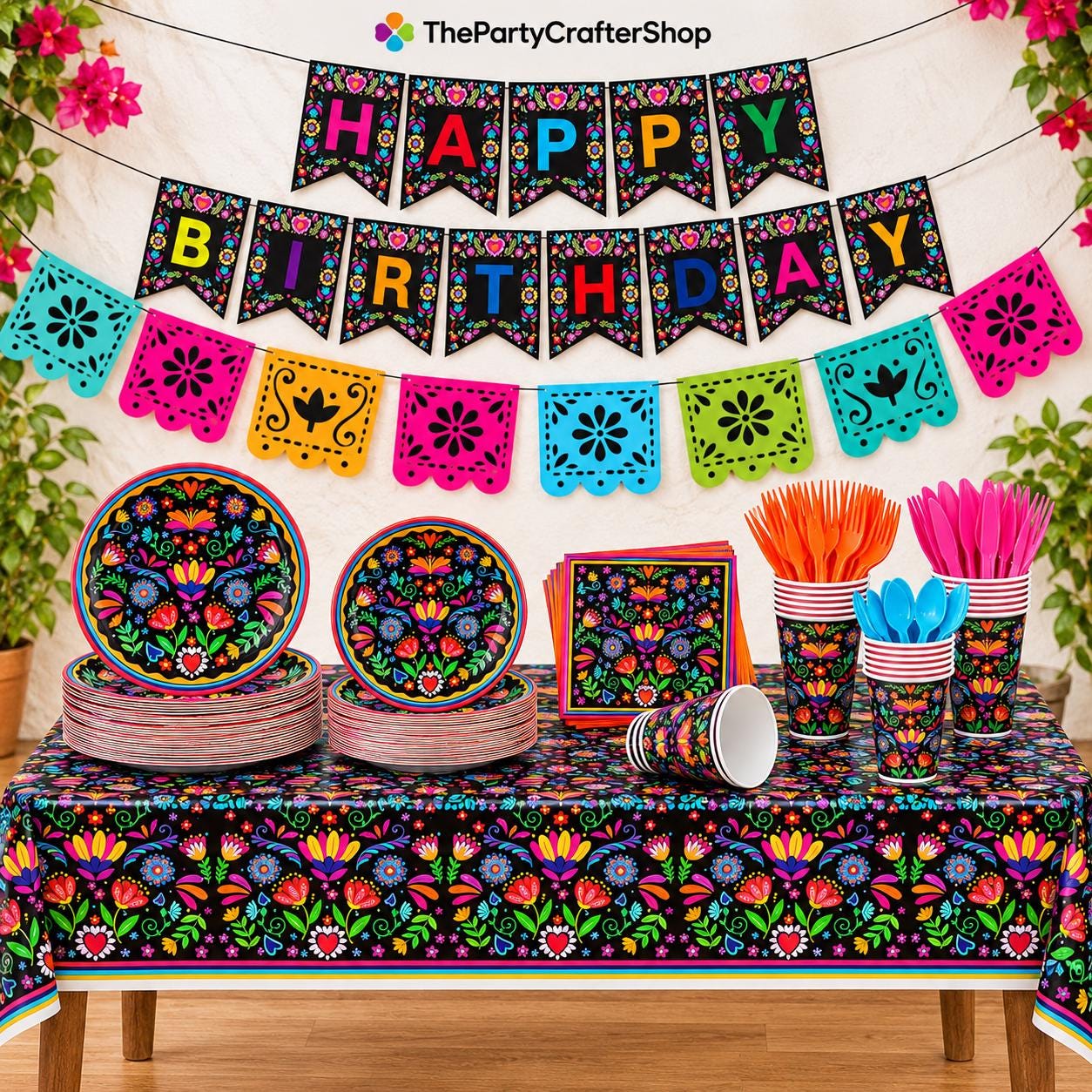 Mexican Fiesta Party Set, 144-Piece Tableware, Floral Mandala Design (20 Guests)