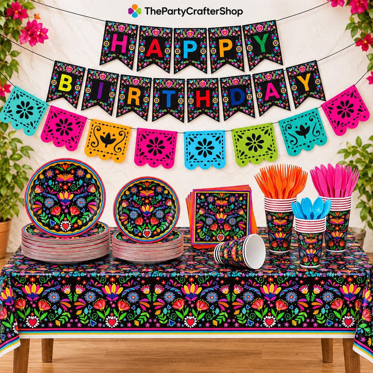 Mexican Fiesta Party Set, 144-Piece Tableware, Floral Mandala Design (20 Guests)