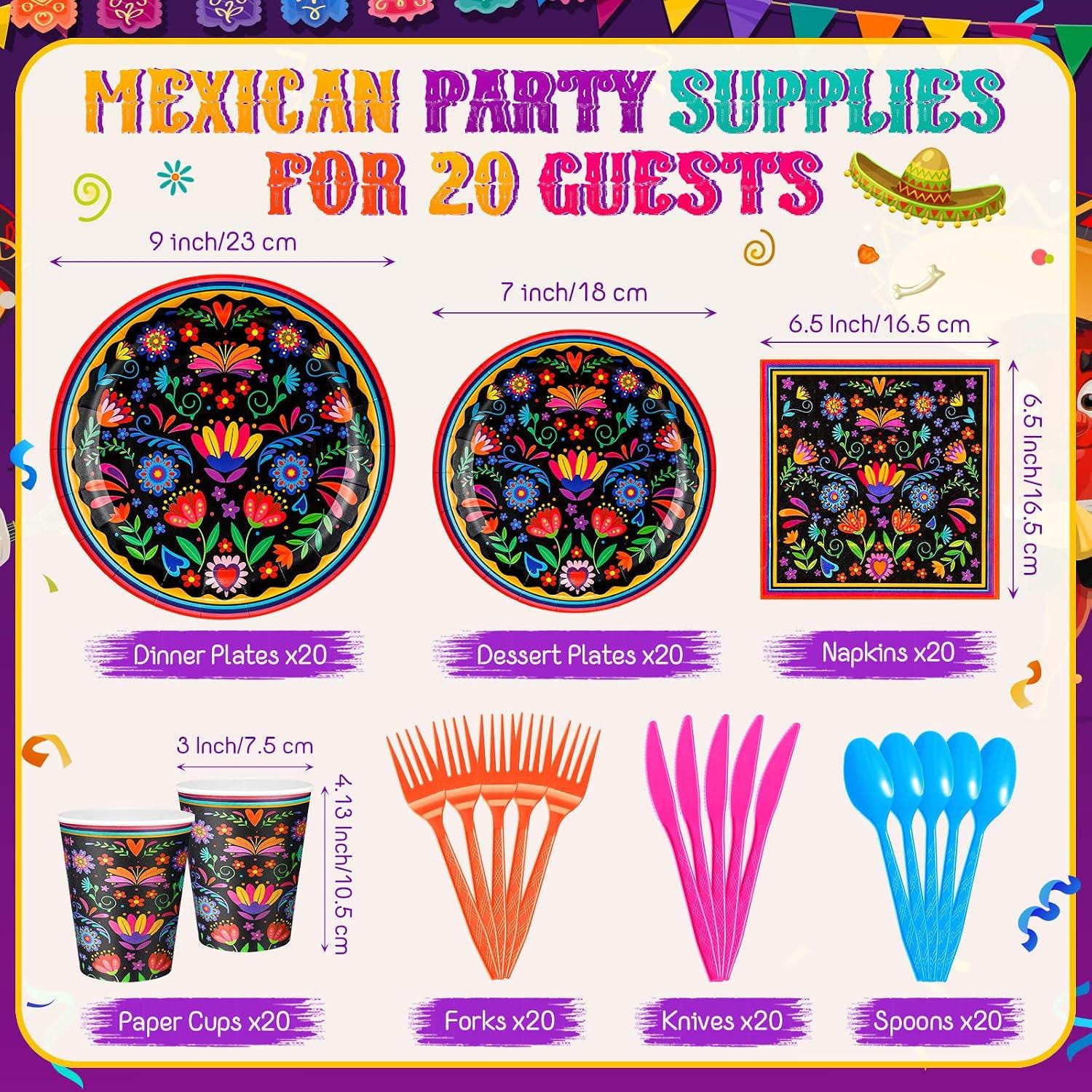 Mexican Fiesta Party Set, 144-Piece Tableware, Floral Mandala Design (20 Guests)