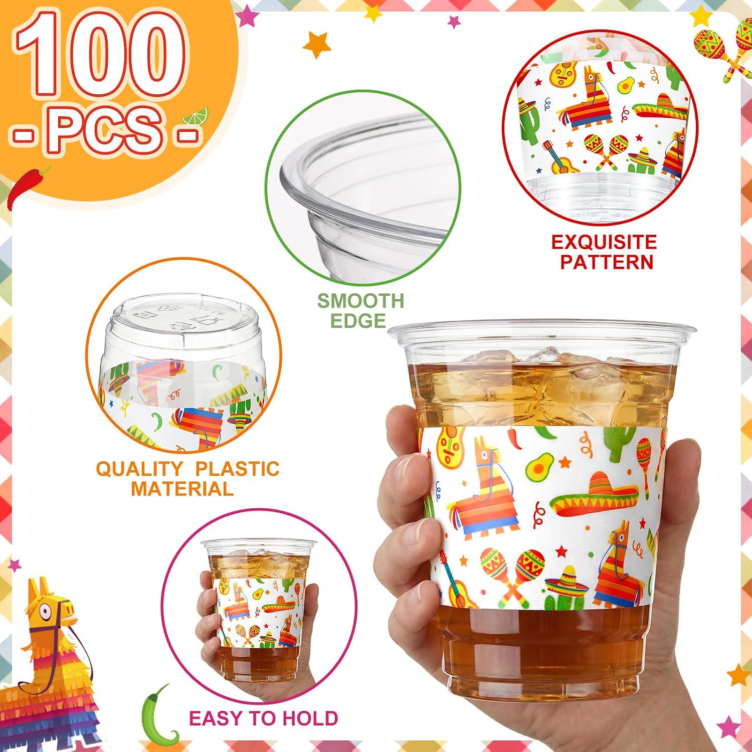 Mexican Fiesta Plastic Cups, 12oz Disposable Party Supplies (100pcs)