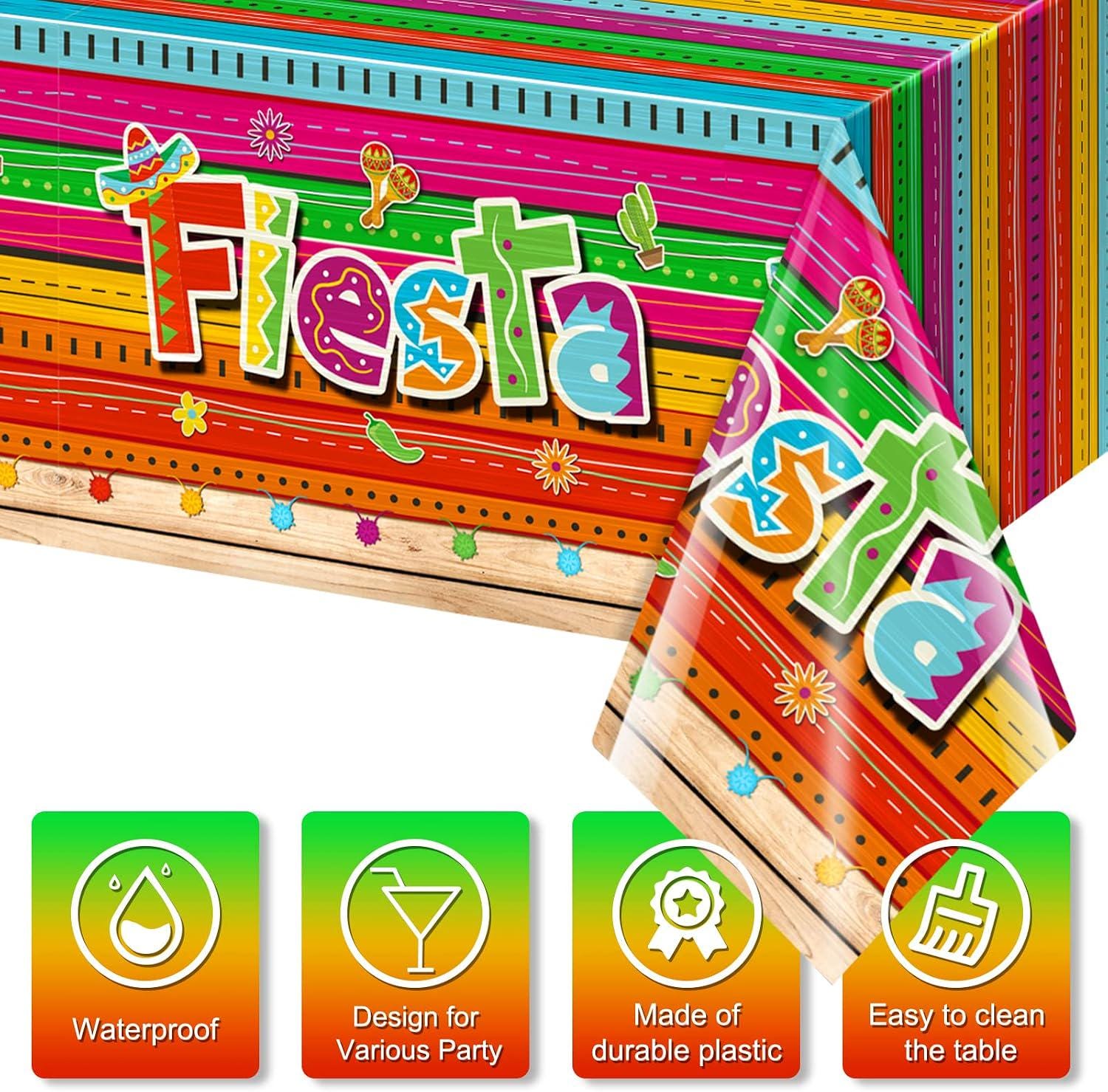Mexican Fiesta Tablecloth 3PCS, 54x108 Inch Plastic Table Covers, Taco Night Birthday Party Decorations