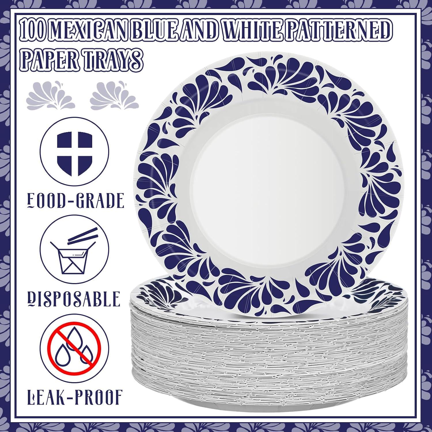Blue White Talavera Paper Plates, 9 Inch Mexican Wedding Party Tableware (100PCS)