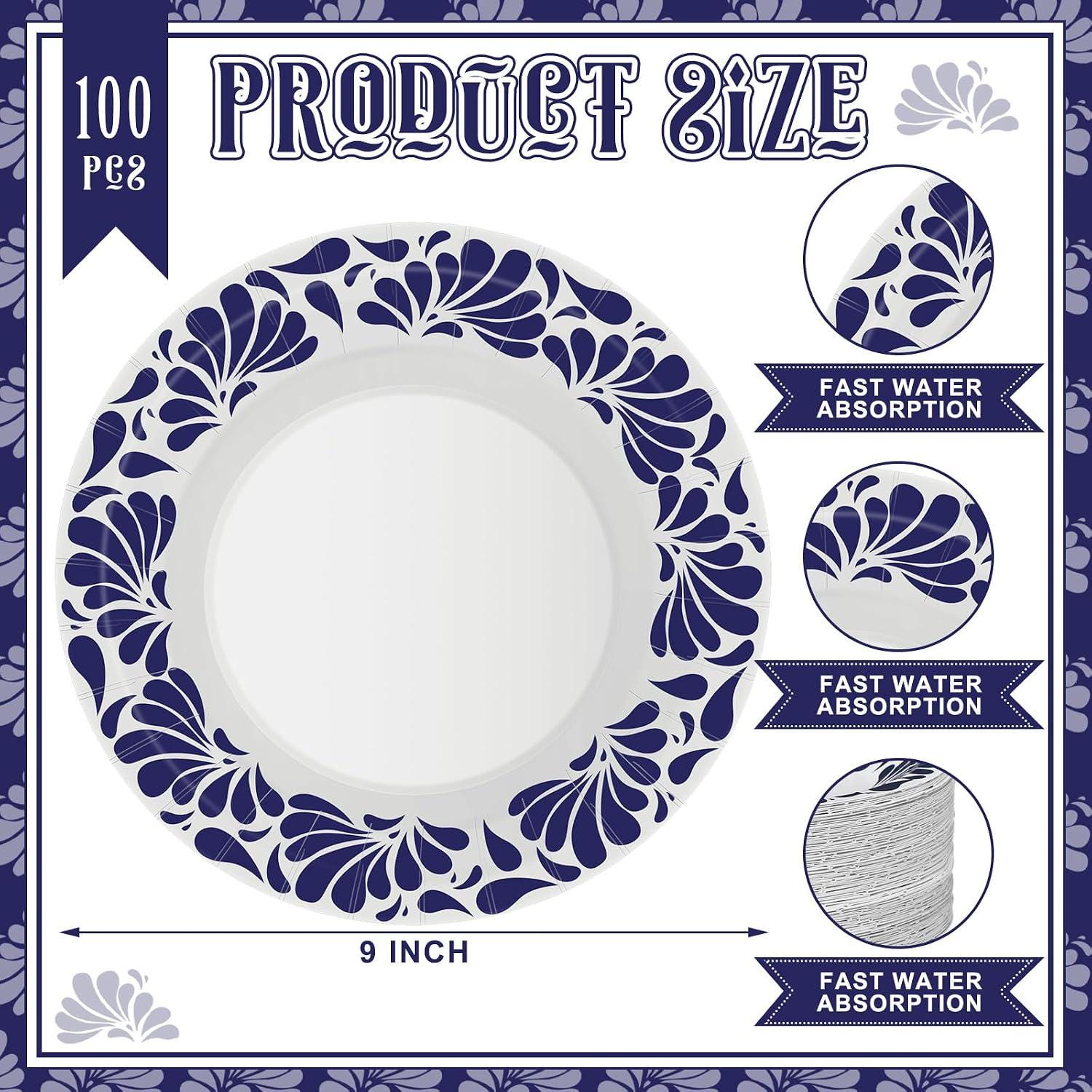Blue White Talavera Paper Plates, 9 Inch Mexican Wedding Party Tableware (100PCS)