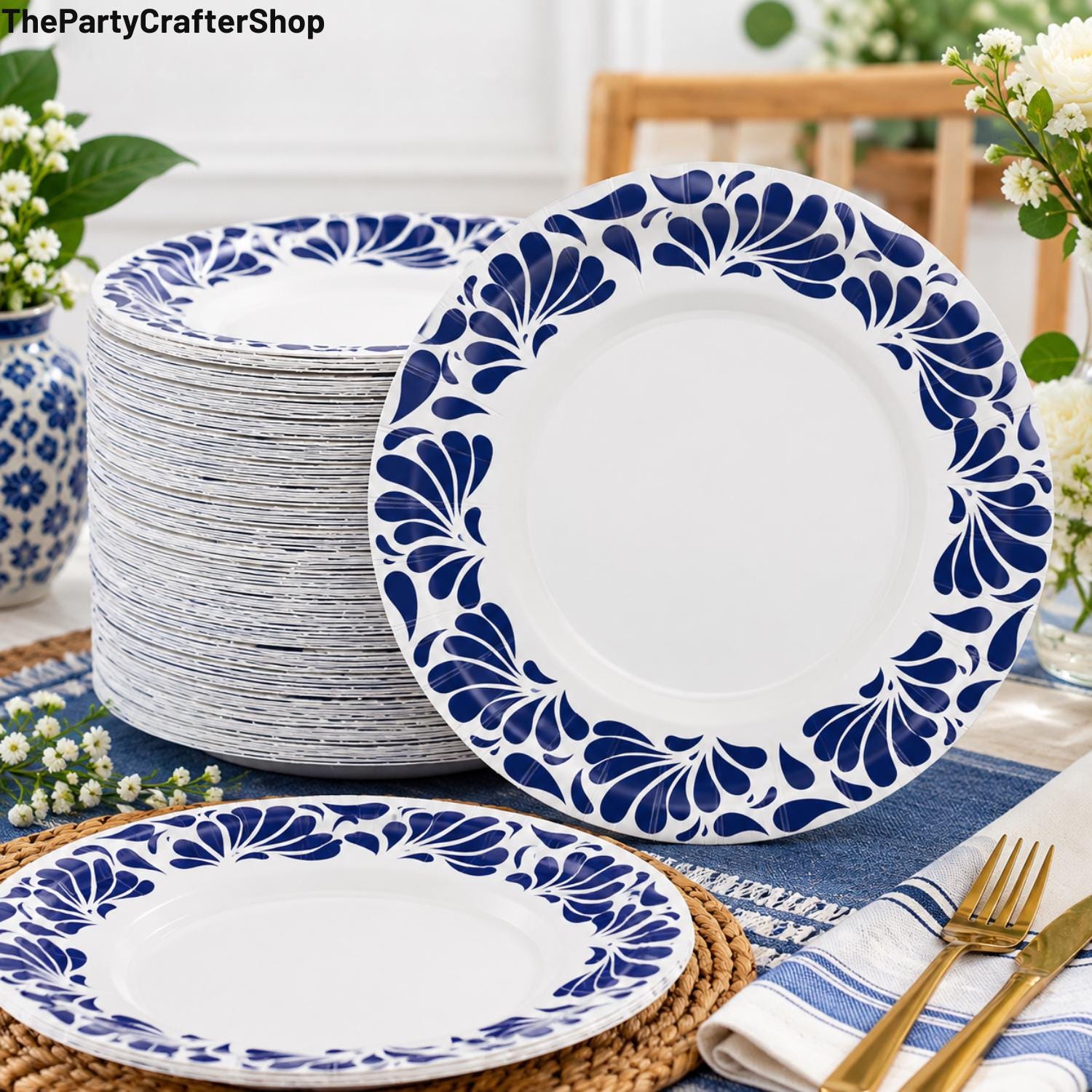 Blue White Talavera Paper Plates, 9 Inch Mexican Wedding Party Tableware (100PCS)