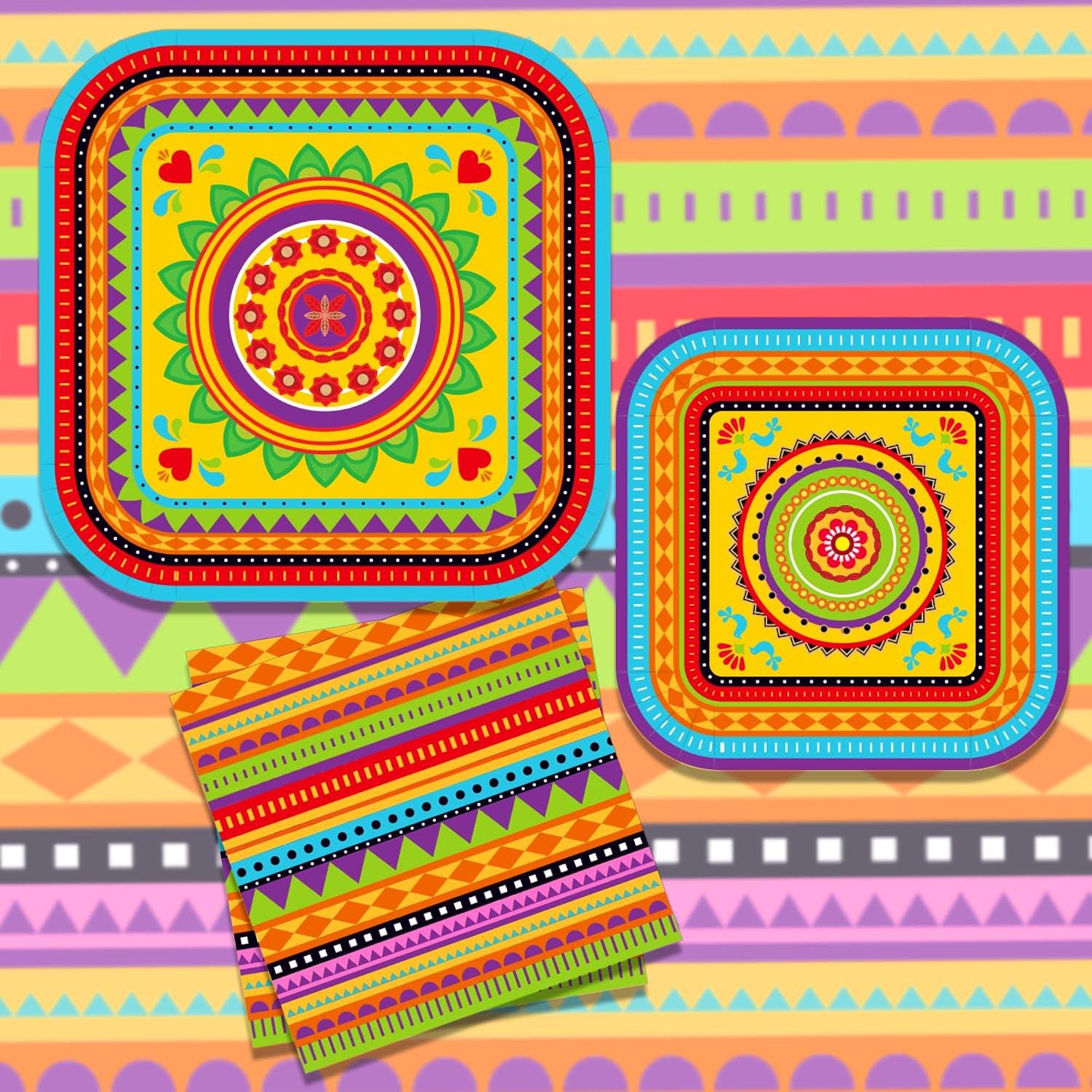 Mexican Fiesta Tableware Set, Colorful Plates, Napkins (88 Pieces)
