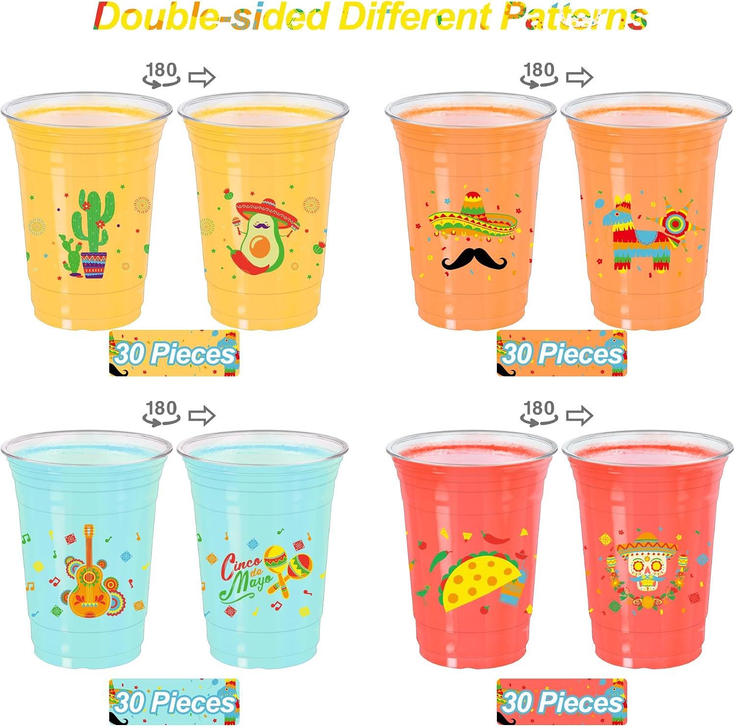 Mexican Fiesta Plastic Cups, 120pcs 16oz Disposable Drinkware (4 Styles)
