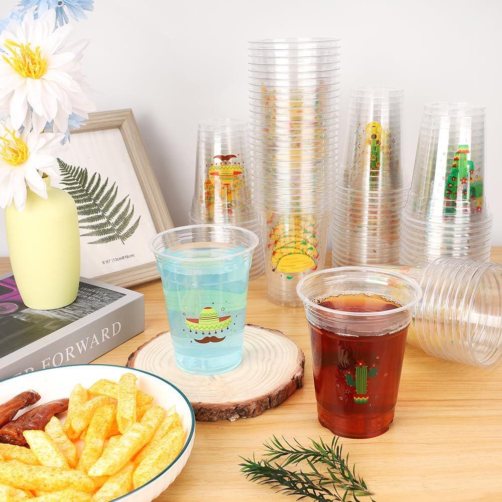 100 Mexican Fiesta Cups, 12oz Clear Party Drinkware (4 Styles)