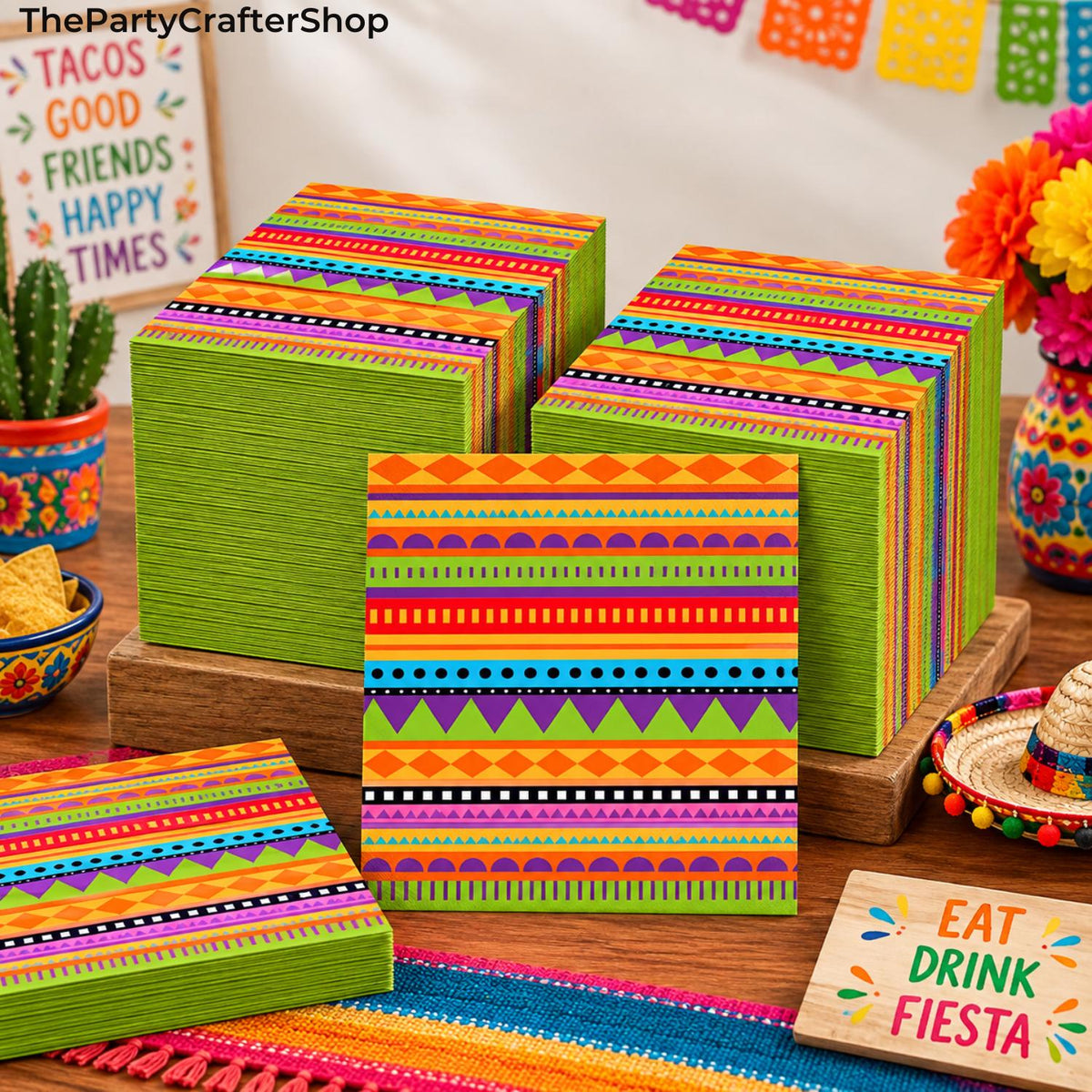 Mexican Fiesta Paper Napkins, 200 Count, Vibrant Geometric Patterns (6.5x6.5 Inch)