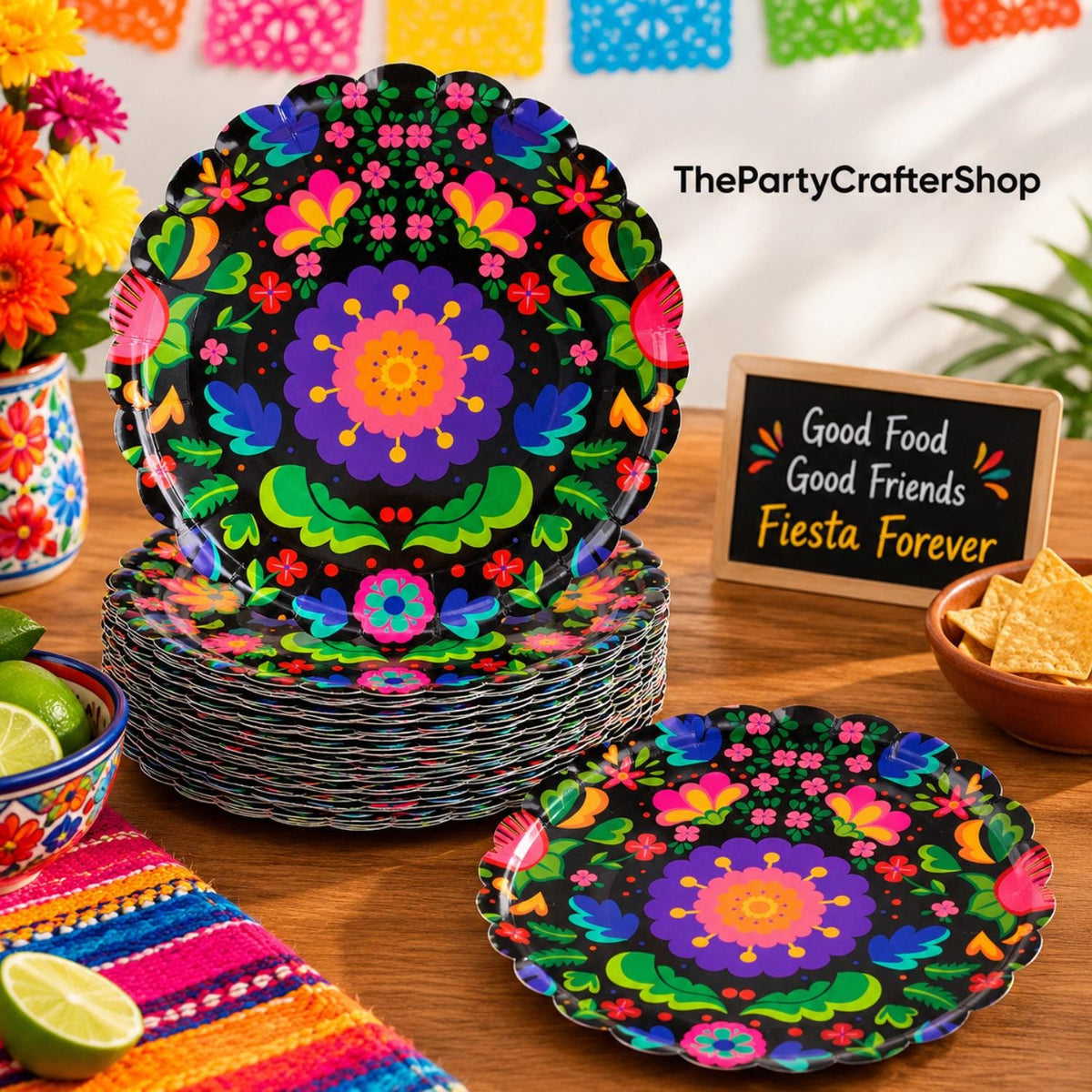 Multicolor Paper Plates 100PCS, 7 Inch Scalloped Dessert Plates, Fiesta Carnival Party Cake Serving Decorations