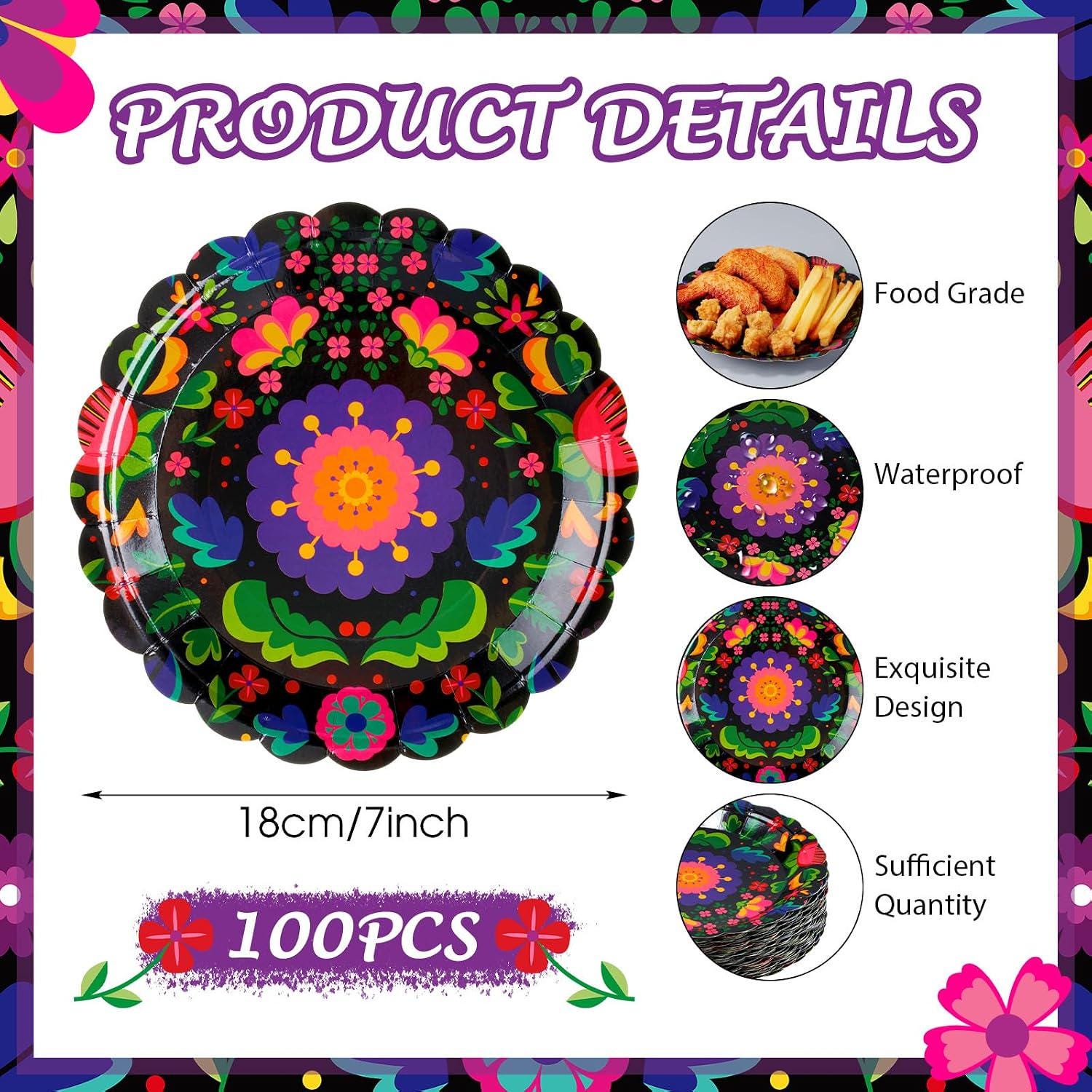 Multicolor Paper Plates 100PCS, 7 Inch Scalloped Dessert Plates, Fiesta Carnival Party Cake Serving Decorations