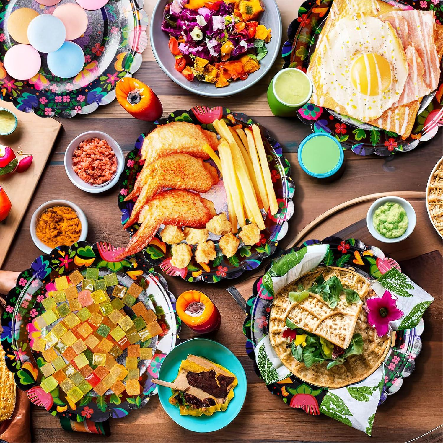 Multicolor Paper Plates 100PCS, 7 Inch Scalloped Dessert Plates, Fiesta Carnival Party Cake Serving Decorations