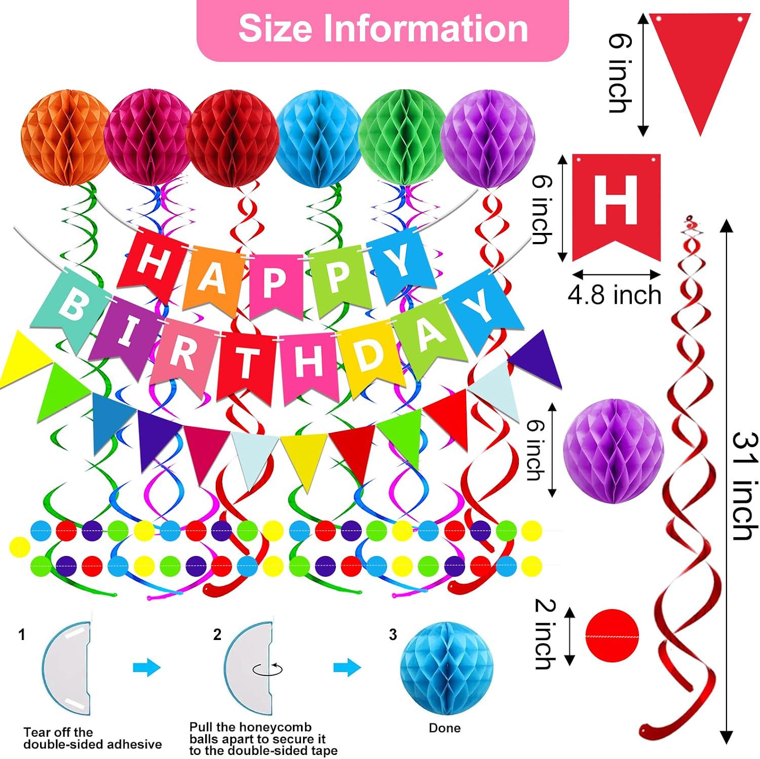 Colorful Birthday Party Decorations Set, Paper Bunting, Honeycomb Balls, Streamers (Eco-Friendly)