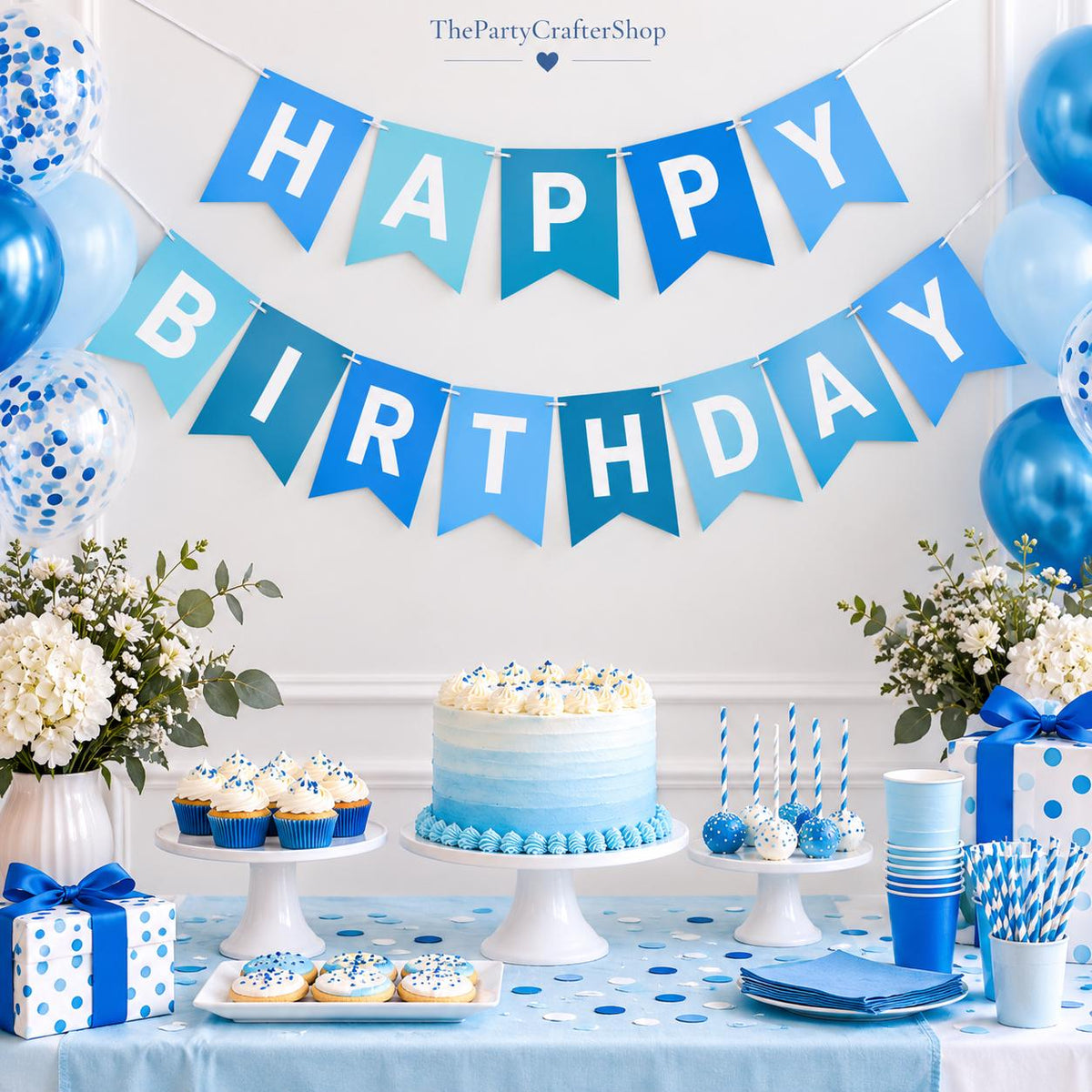 Blue Happy Birthday Banner, Pre-Strung Party Decor, 400 GSM Cardstock