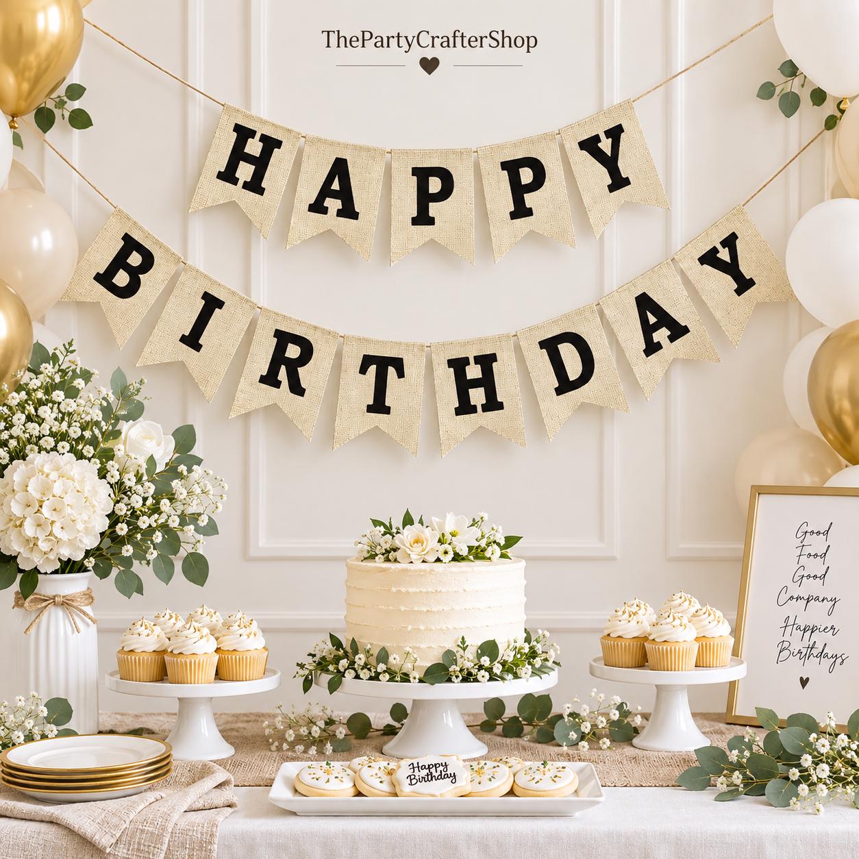 Burlap Happy Birthday Banner, Rustic Party Backdrop Decor (Pre-Strung)