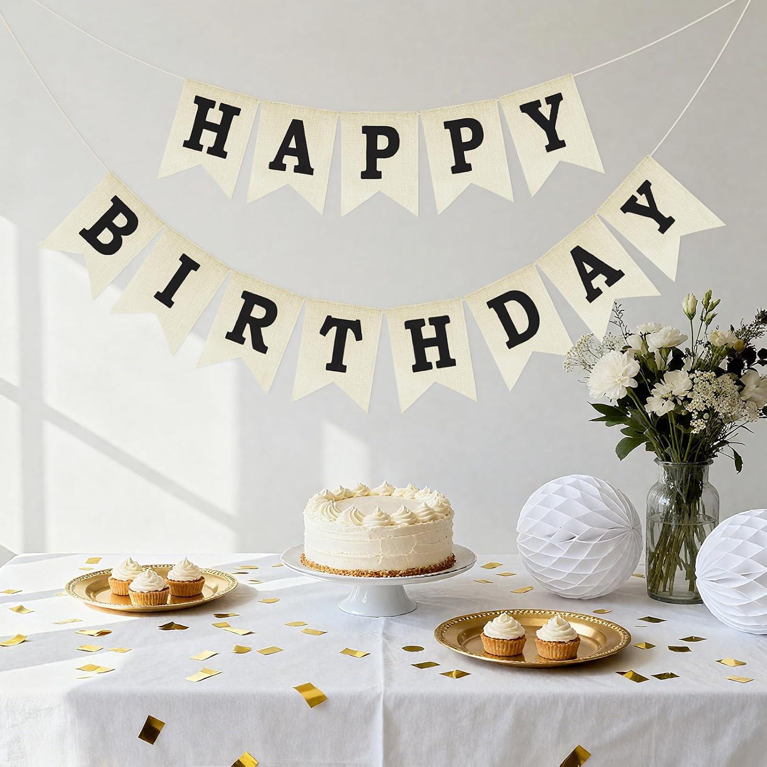 Burlap Happy Birthday Banner, Rustic Party Backdrop Decor (Pre-Strung)