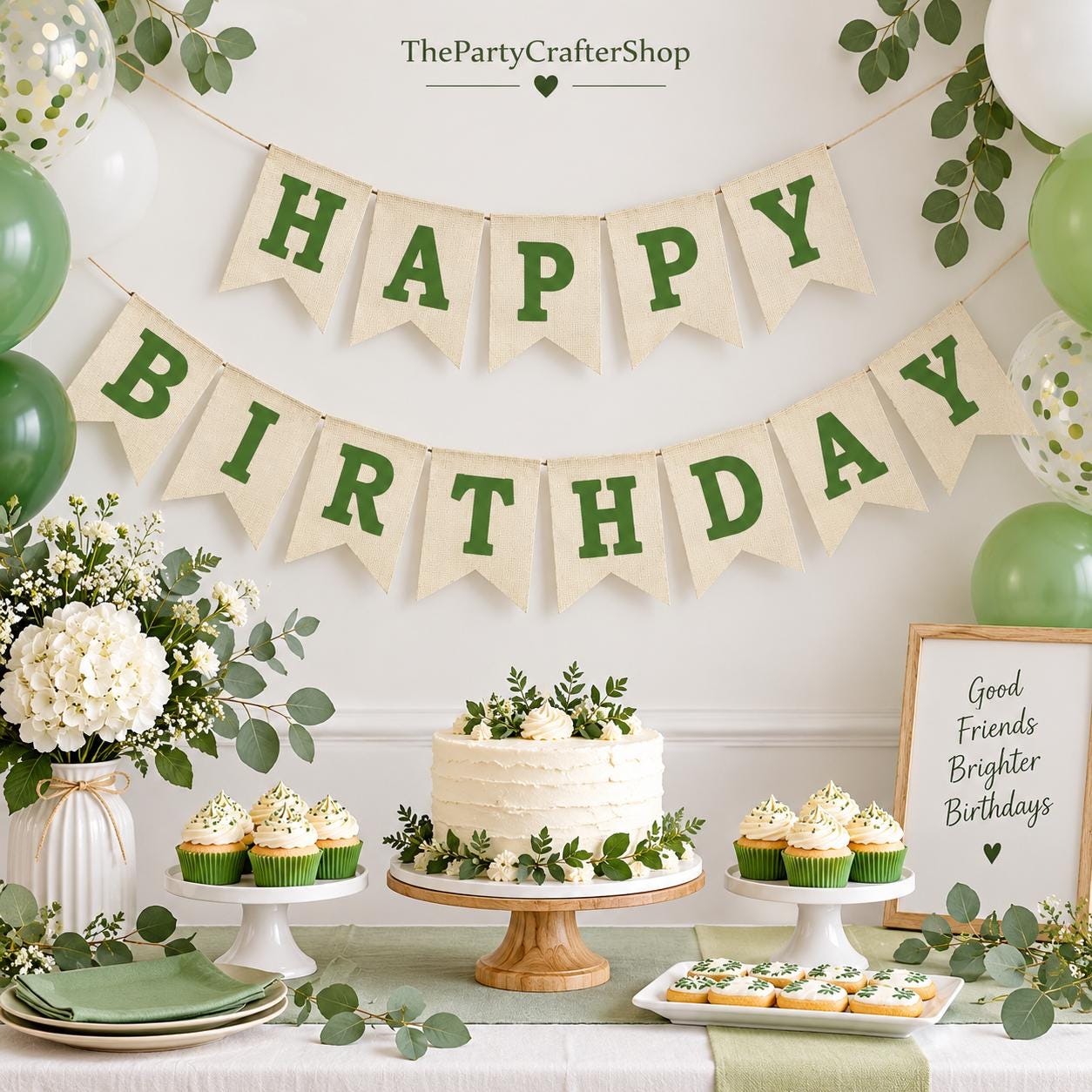 Green Burlap Happy Birthday Banner, Rustic Party Backdrop Decor (Pre-Strung)