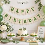 Green Burlap Happy Birthday Banner, Rustic Party Backdrop Decor (Pre-Strung)
