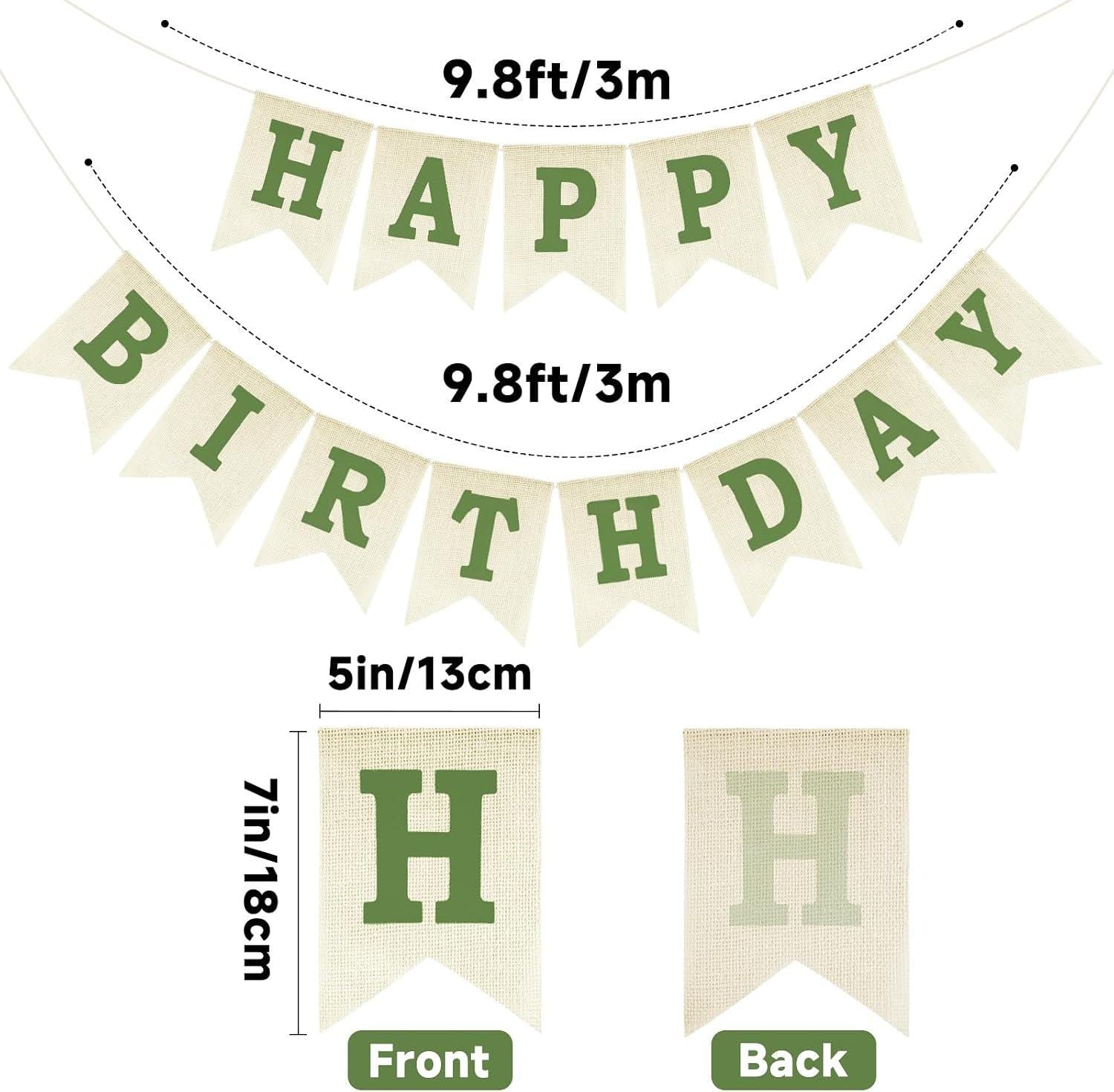 Green Burlap Happy Birthday Banner, Rustic Party Backdrop Decor (Pre-Strung)