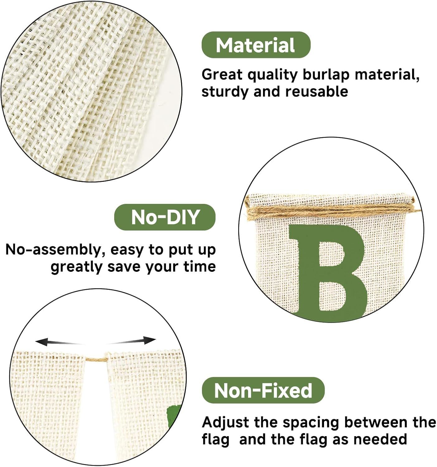 Green Burlap Happy Birthday Banner, Rustic Party Backdrop Decor (Pre-Strung)