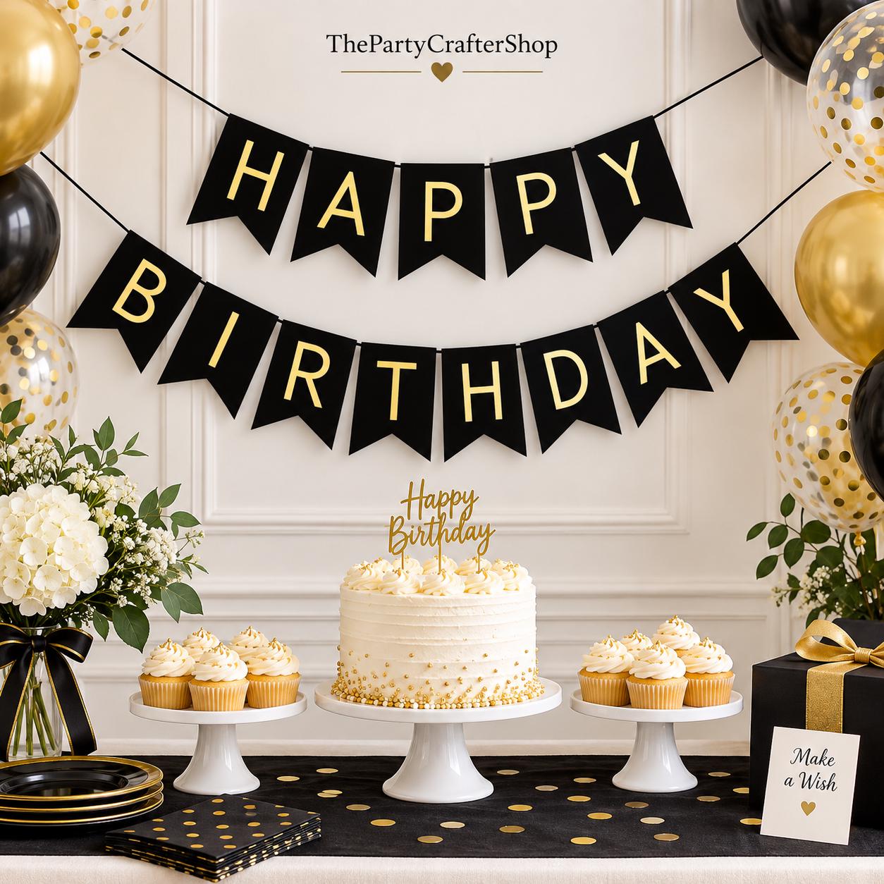 Black Gold Happy Birthday Banner, Shiny Letter Bunting Garland (Eco-Friendly Paper)