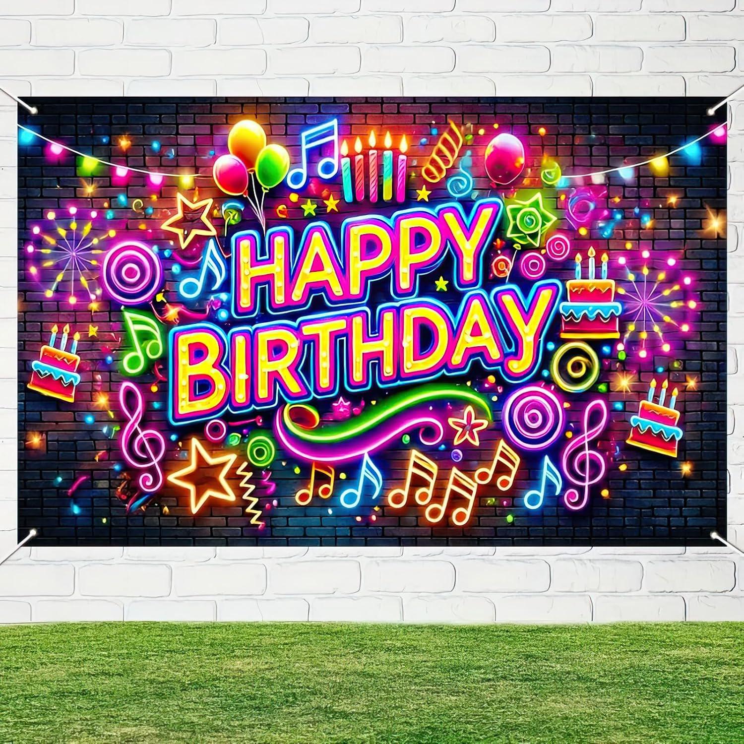 Neon Happy Birthday Banner, 71x43 Inch Party Backdrop, Colorful Decoration