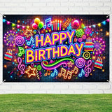 Neon Happy Birthday Banner, 71x43 Inch Party Backdrop, Colorful Decoration