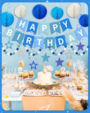 Blue Birthday Party Decorations Set, Banner, Honeycomb Balls, Star Streamers, Dot Garland