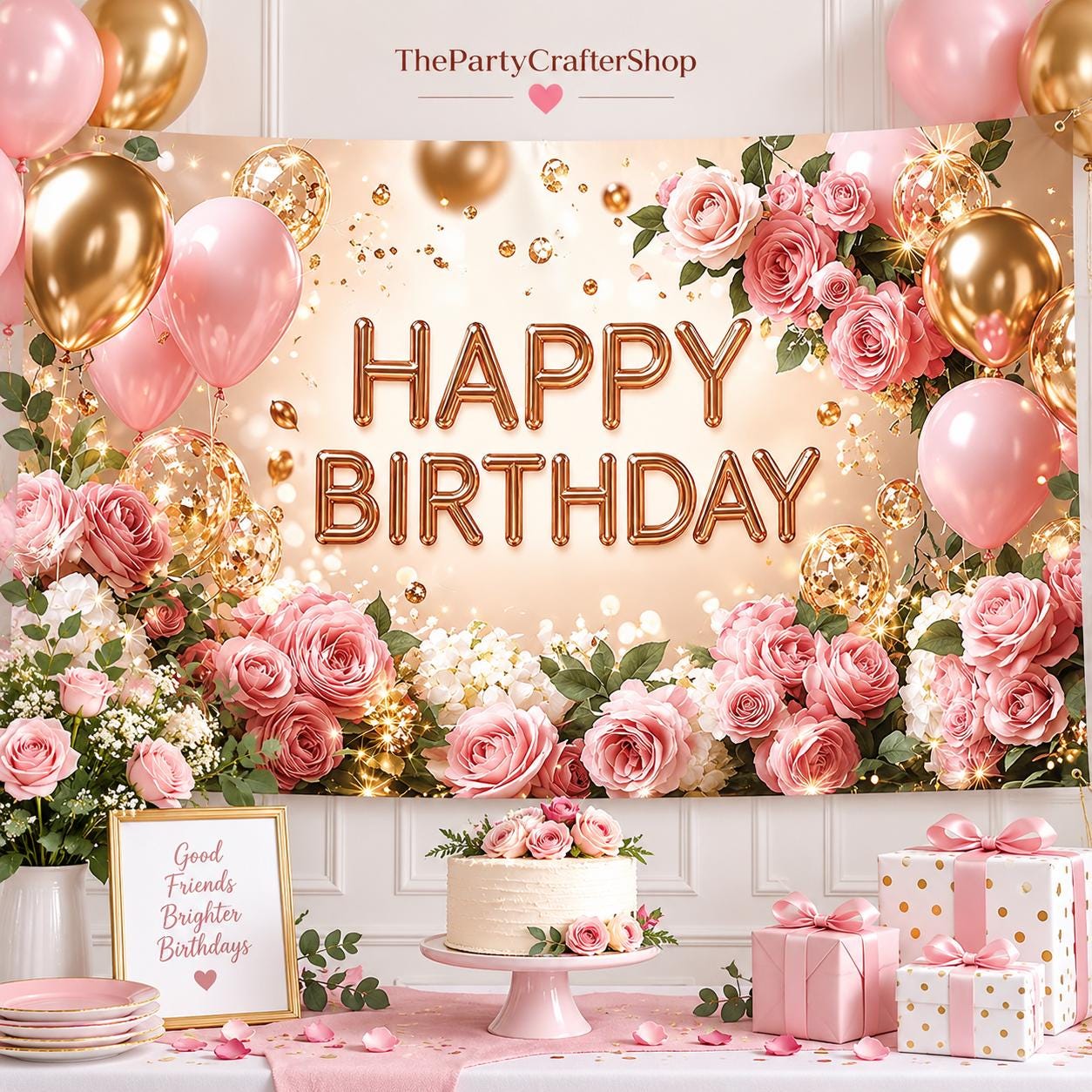 Happy Birthday Backdrop Banner, Floral Rose Gold Photo Booth (71x43 Inch)